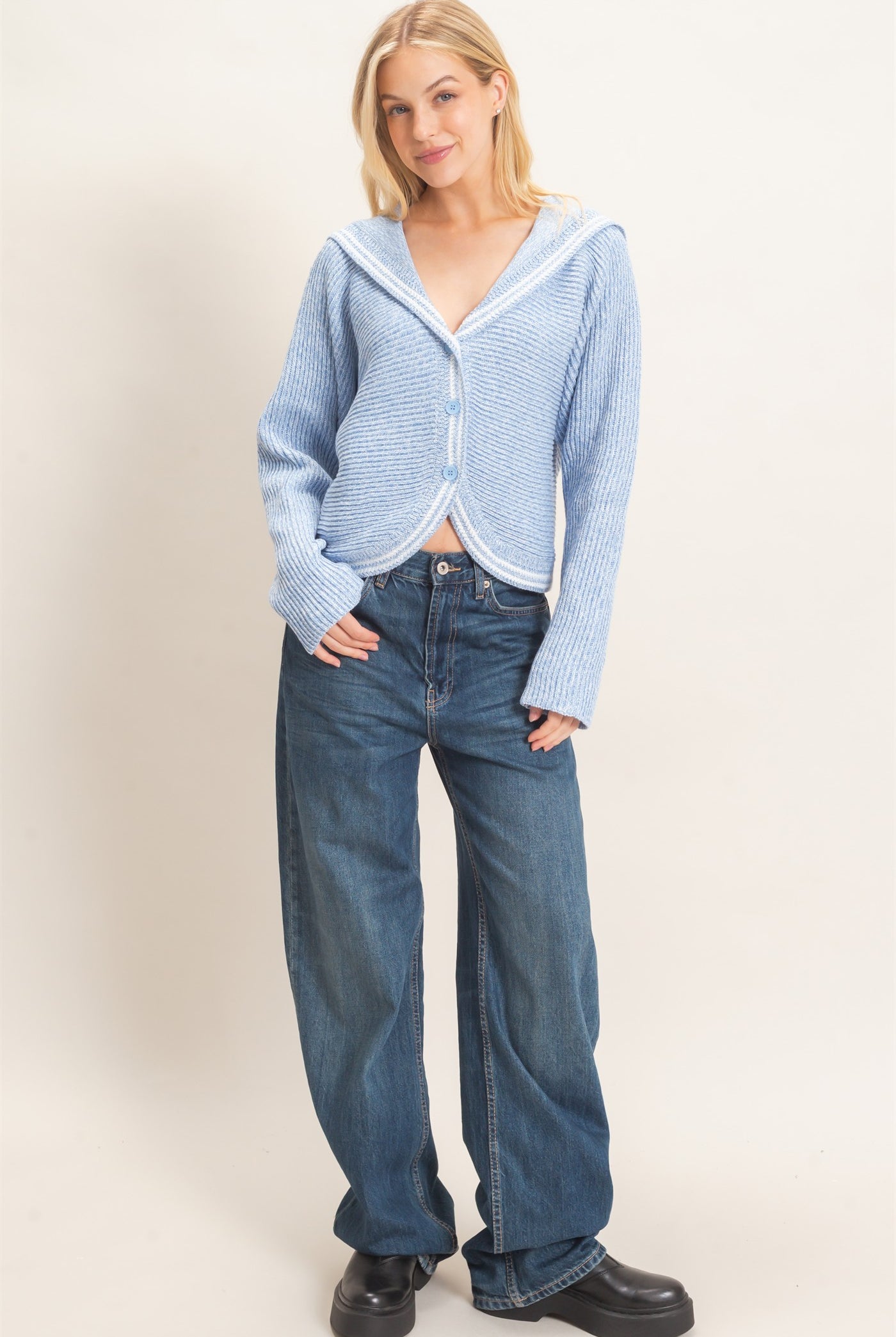 Wholesale Ribbed Button-Up Cardigan Cardigans HF26E036 BLUE HYFVE