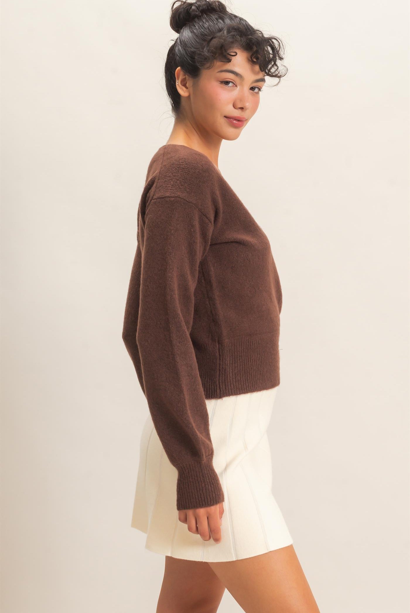 Wholesale Wrap V Neck Sweater Sweaters DZ26E948 DARK BROWN DOUBLE ZERO