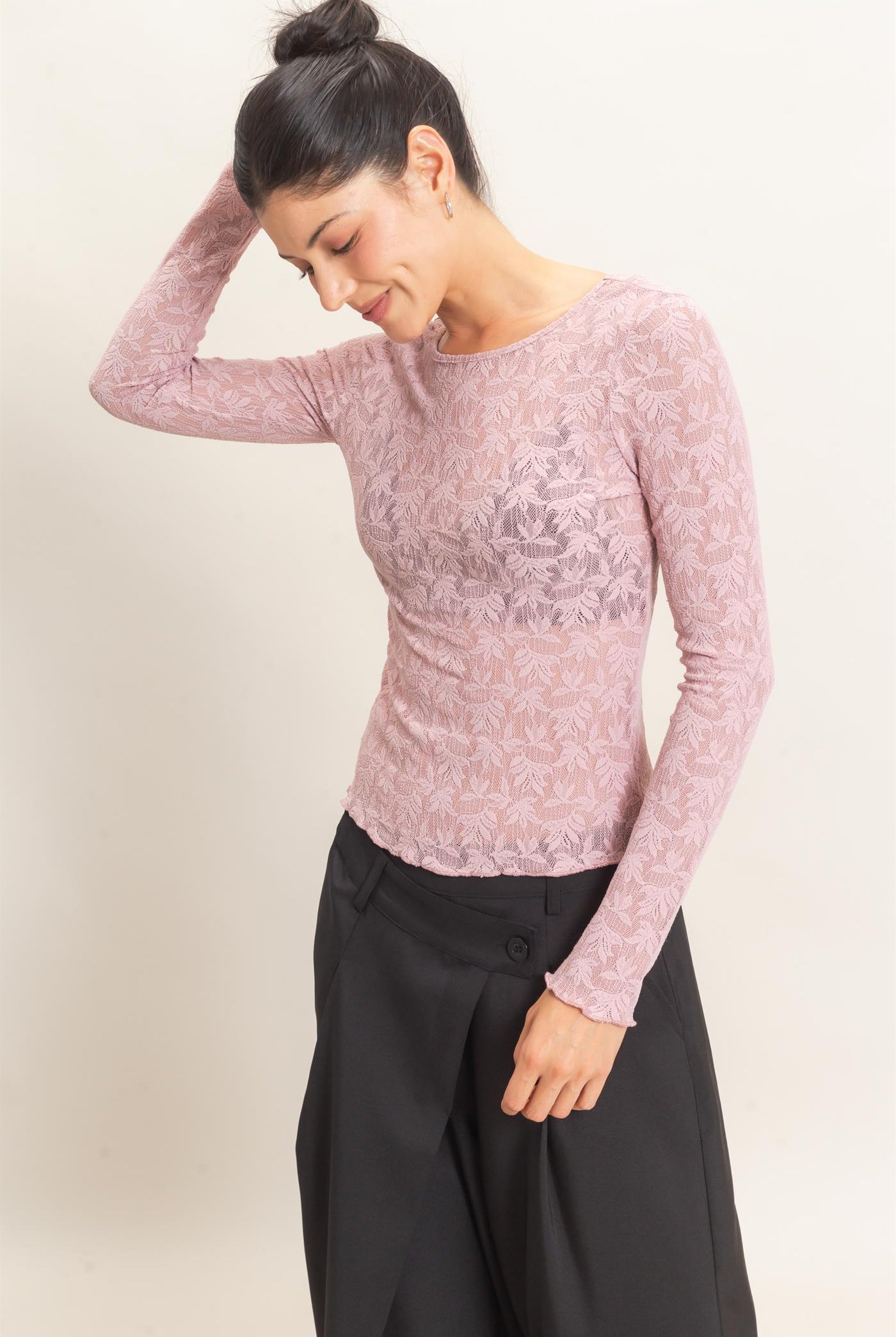 Wholesale Floral Lace Long Sleeve Top Clothing Tops HF26E309 LIGHT MAUVE HYFVE
