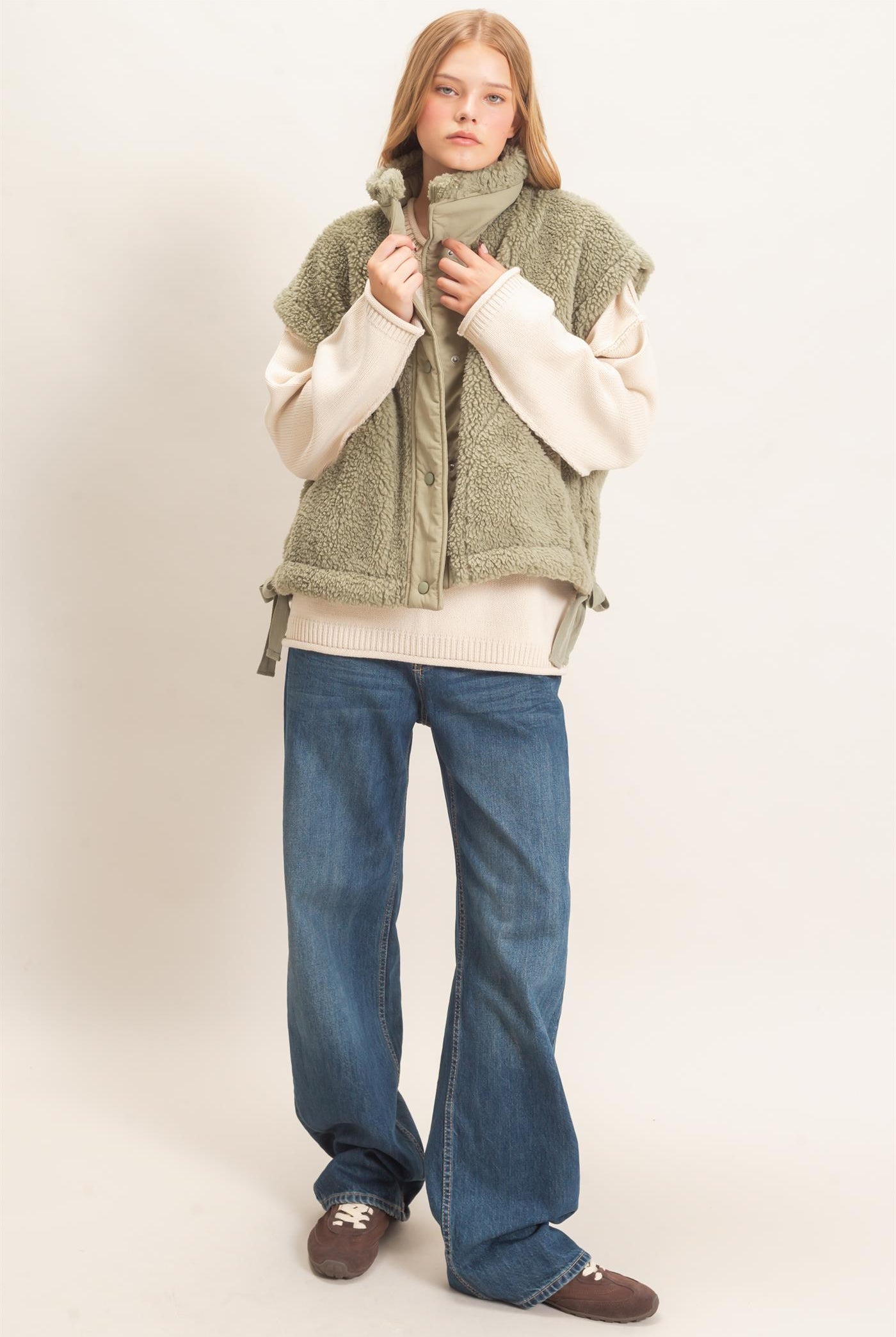 Wholesale Sherpa Vest With Snap Closure Outerwear HF26F131-D OLIVE HYFVE