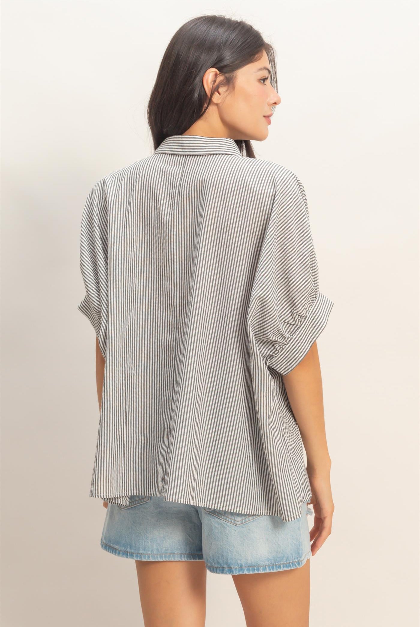 Wholesale Striped Short Sleeve Button-Front Blouse T-Shirts DZ26C276 BLACK DOUBLE ZERO