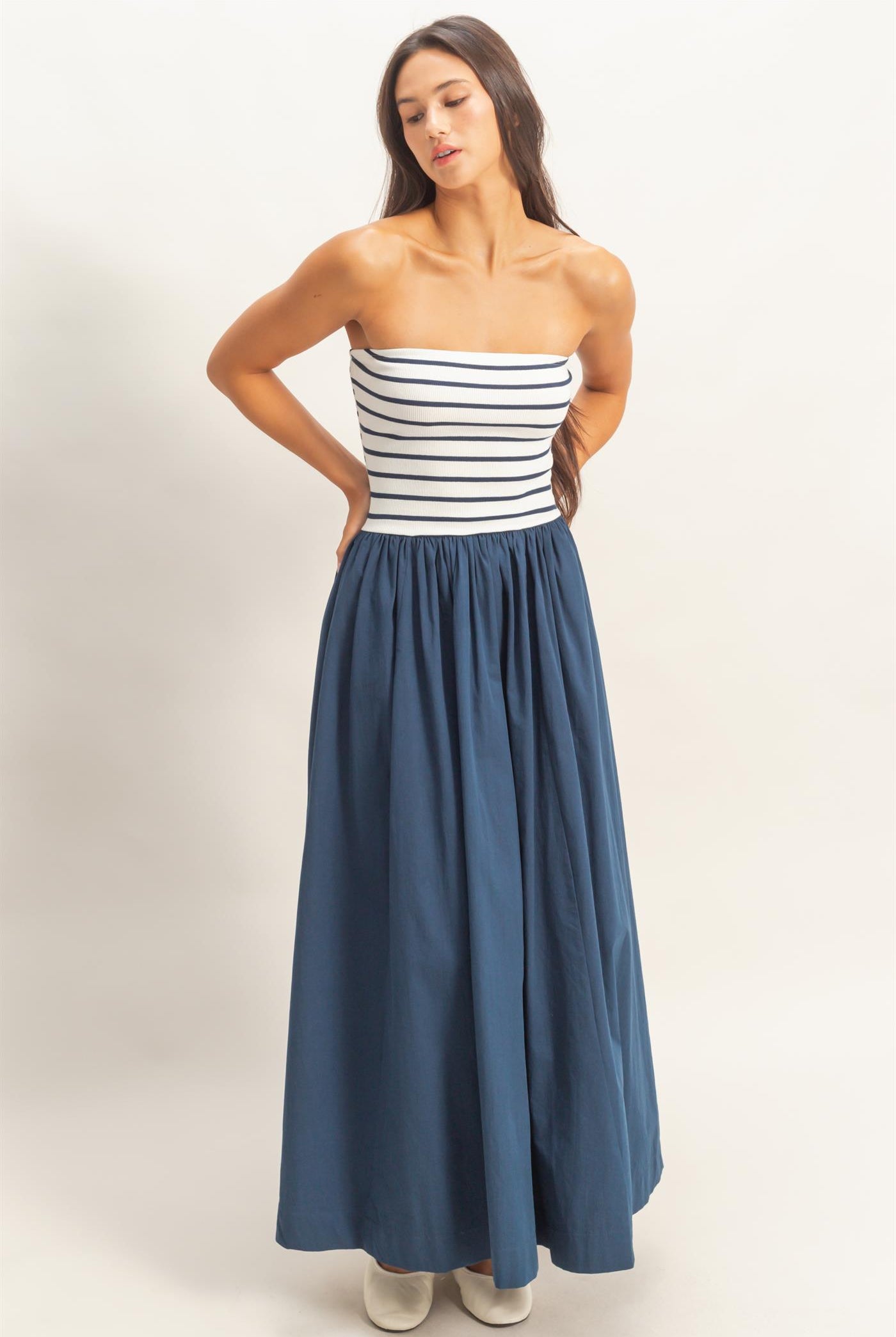 Wholesale Striped Strapless Flowy Midi Dress Dresses DZ26C169 NAVY DOUBLE ZERO