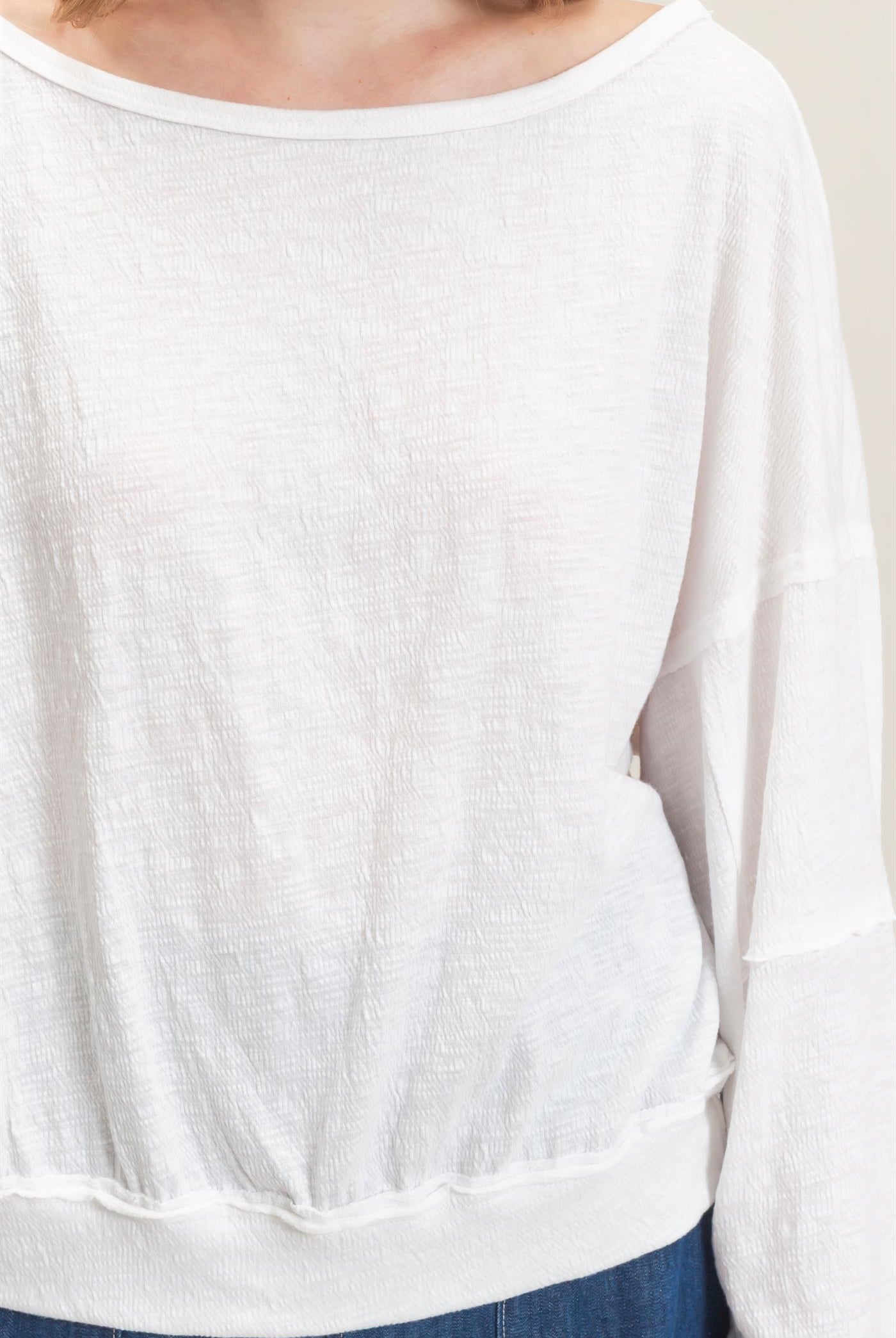 Wholesale Relaxed Boat Neck Long Sleeve Top Clothing Tops HF25F340 WHITE HYFVE
