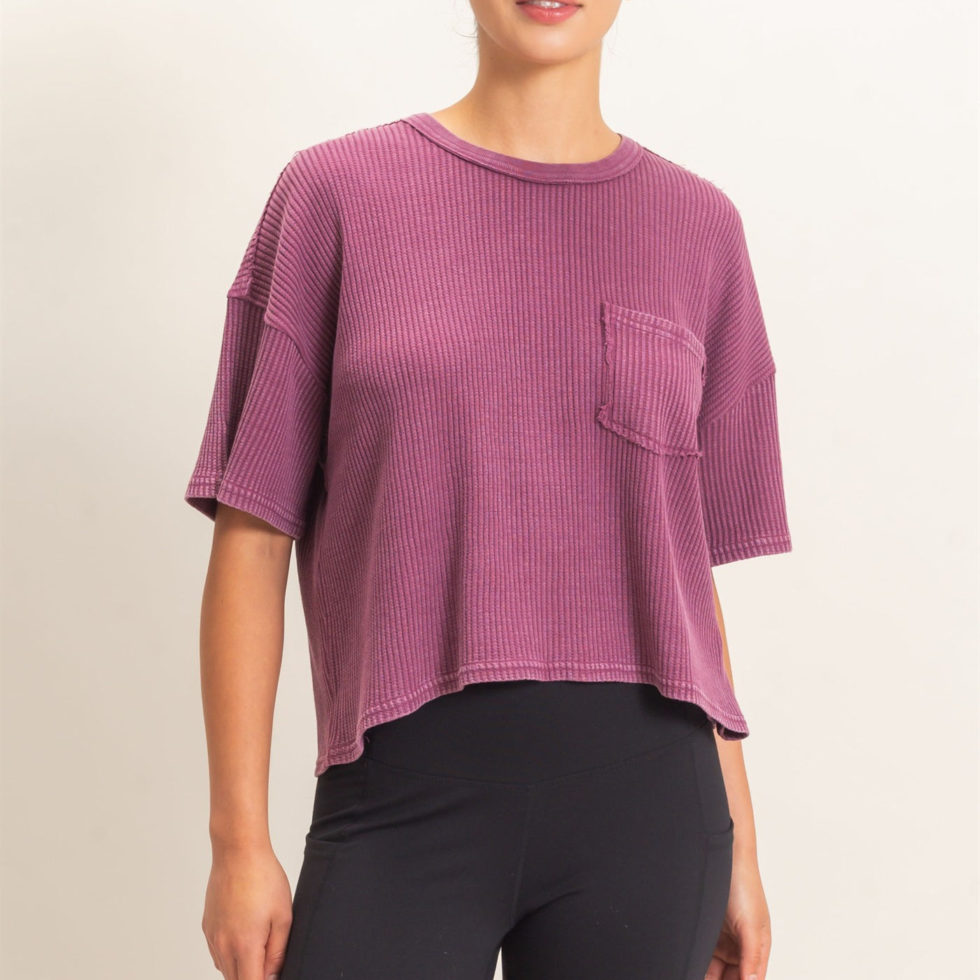 Wholesale Mineral Wash Waffle Knit Pocket Top Clothing Tops DZ26E222 DARK CHERRY DOUBLE ZERO