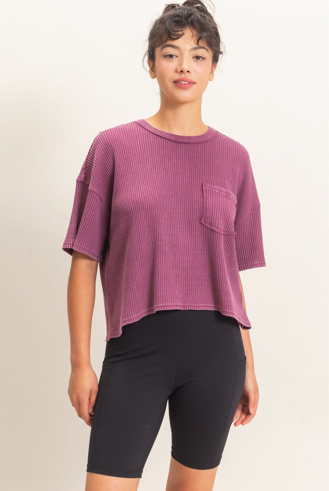Wholesale Mineral Wash Waffle Knit Pocket Top Clothing Tops DZ26E222 DARK CHERRY DOUBLE ZERO