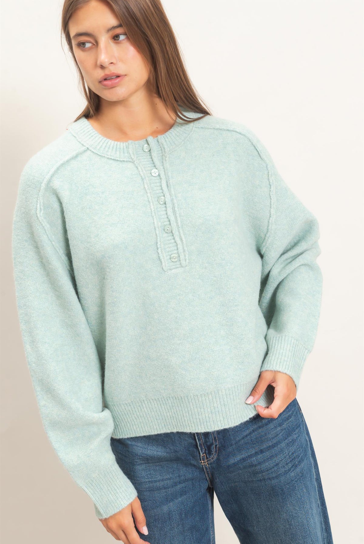 Wholesale Henley Sweater With Reverse Seams Sweaters DZ26F004 PALE GREEN DOUBLE ZERO
