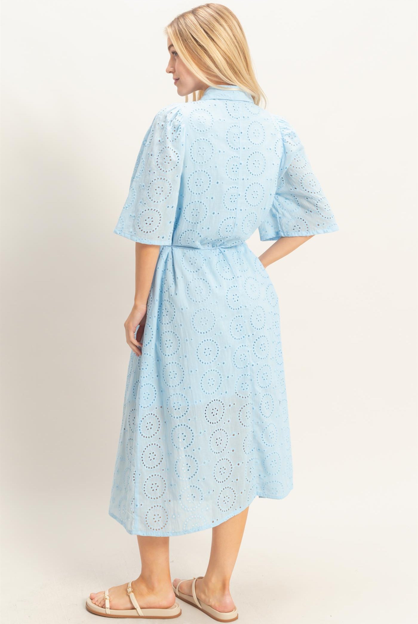 Wholesale Eyelet Collared Midi Dress Dresses HF26A021 L.BLUE HYFVE