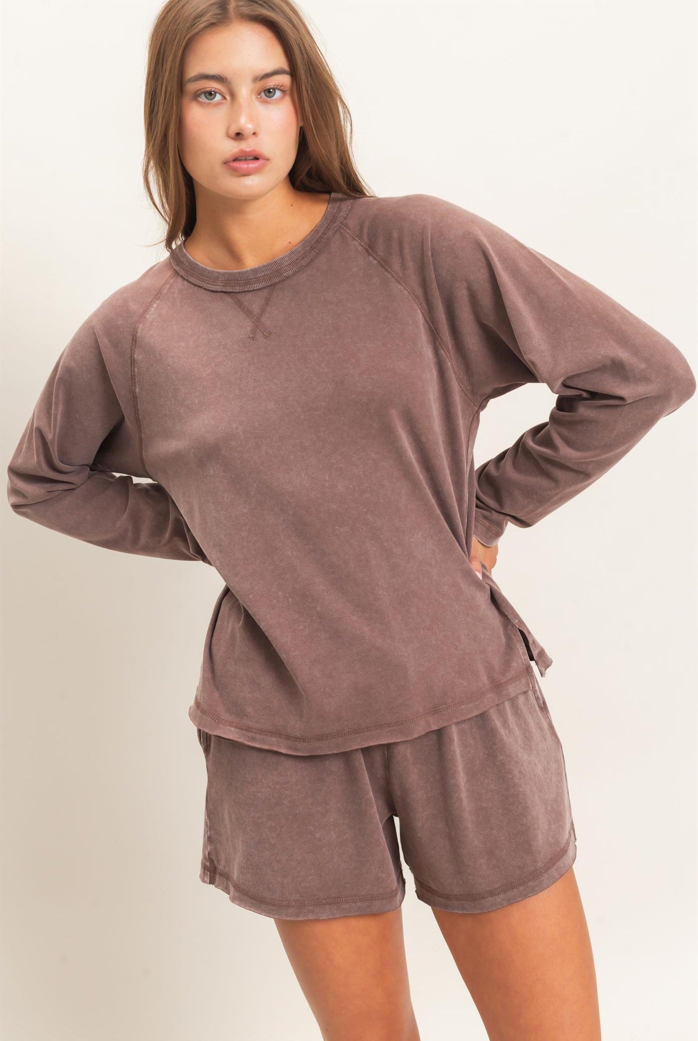 Wholesale Mineral Wash Long Sleeve Raw Edge Top & Shorts Set Clothing DZ26F403-SET DARK BROWN DOUBLE ZERO