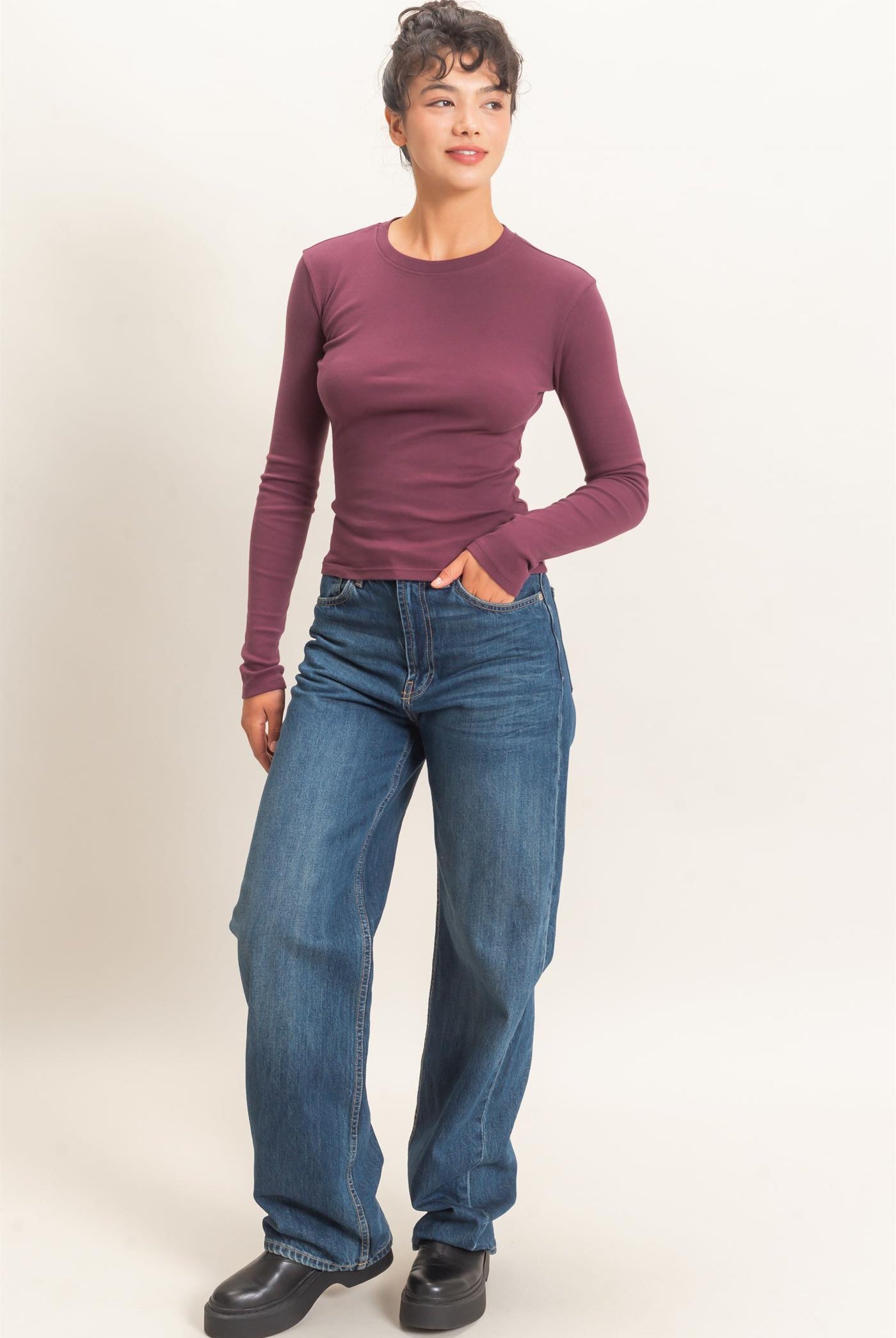 Wholesale Crew Neck Long Sleeve Top Clothing Tops DZ26E184 DARK CHERRY DOUBLE ZERO