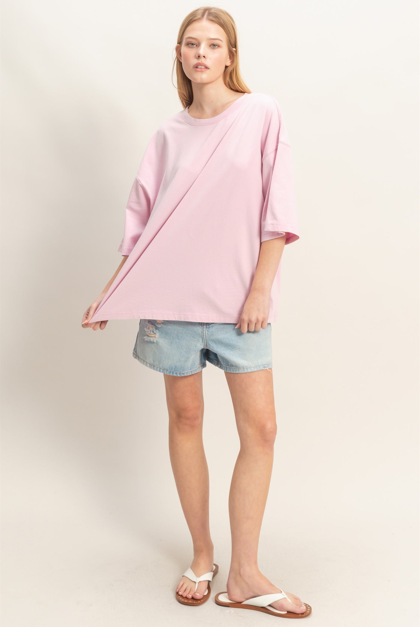 Wholesale Washed Oversized Crew Neck Top Shirts HF26A725 FONDANT PINK HYFVE