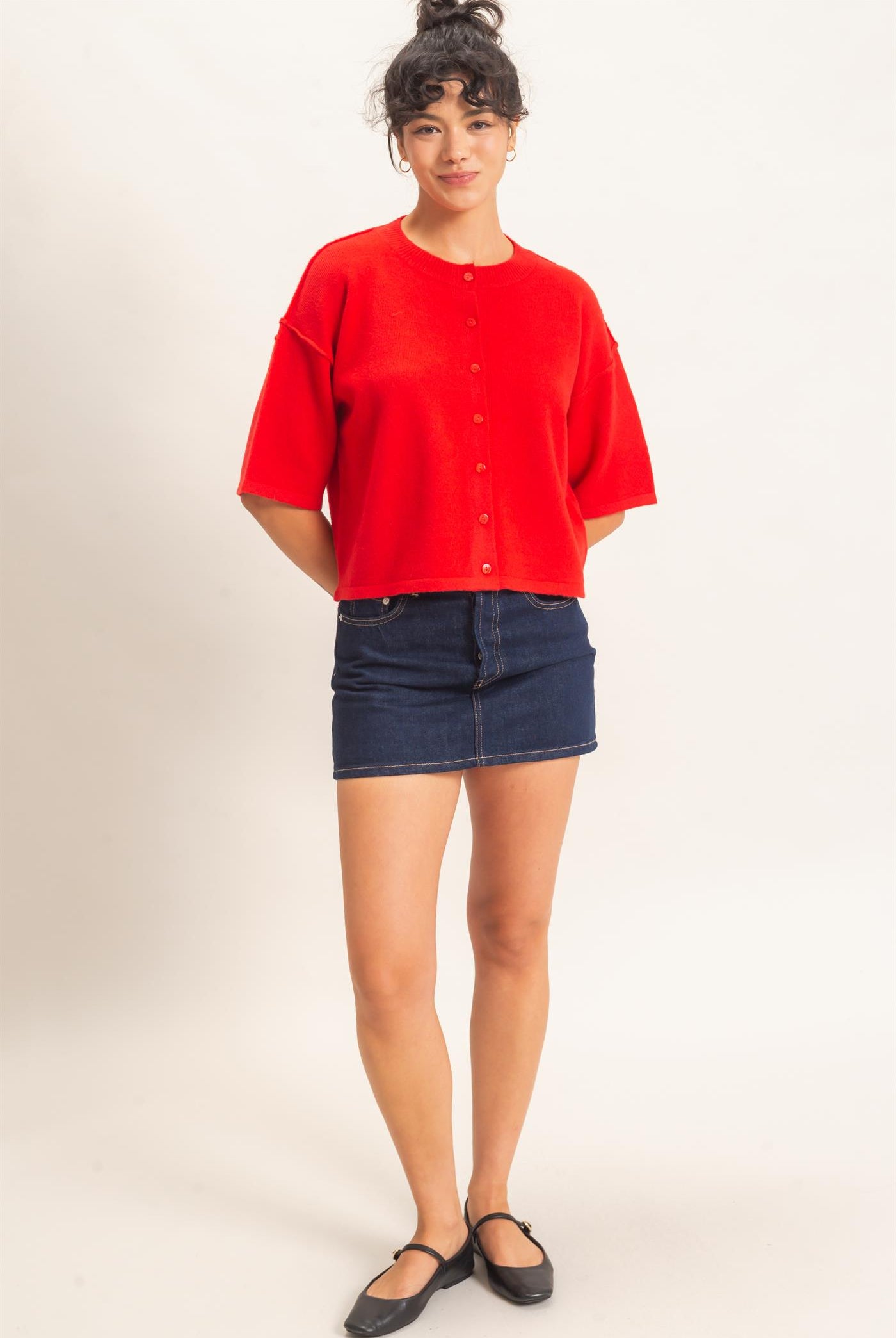 Wholesale Drop Shoulder Short Sleeve Cardigan Cardigans DZ26E238 RED DOUBLE ZERO