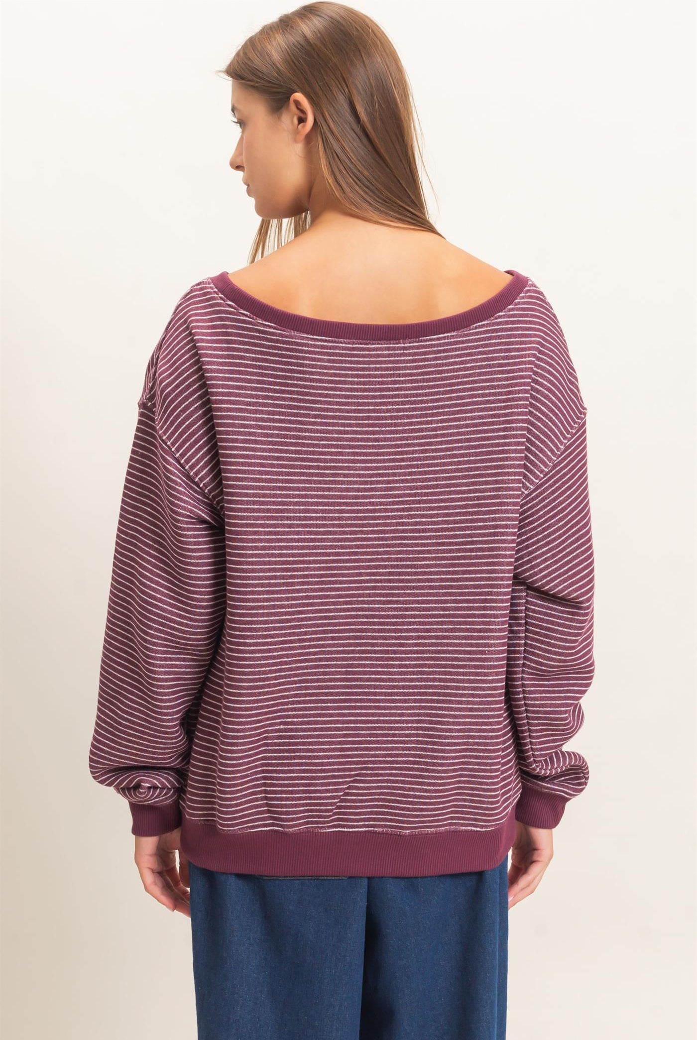Wholesale Striped Off The Shoulder Sweatshirt Sweatshirts DZ26C881 DARK CHERRY DOUBLE ZERO