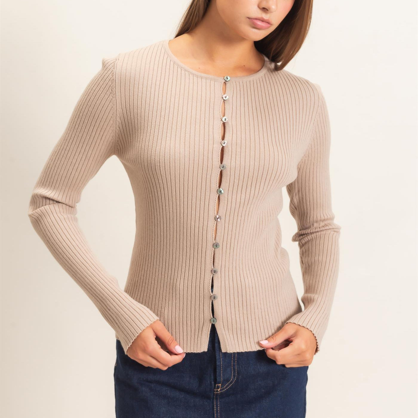 Wholesale Ribbed Button Front Cardigan Cardigans DZ26E322 TAUPE DOUBLE ZERO