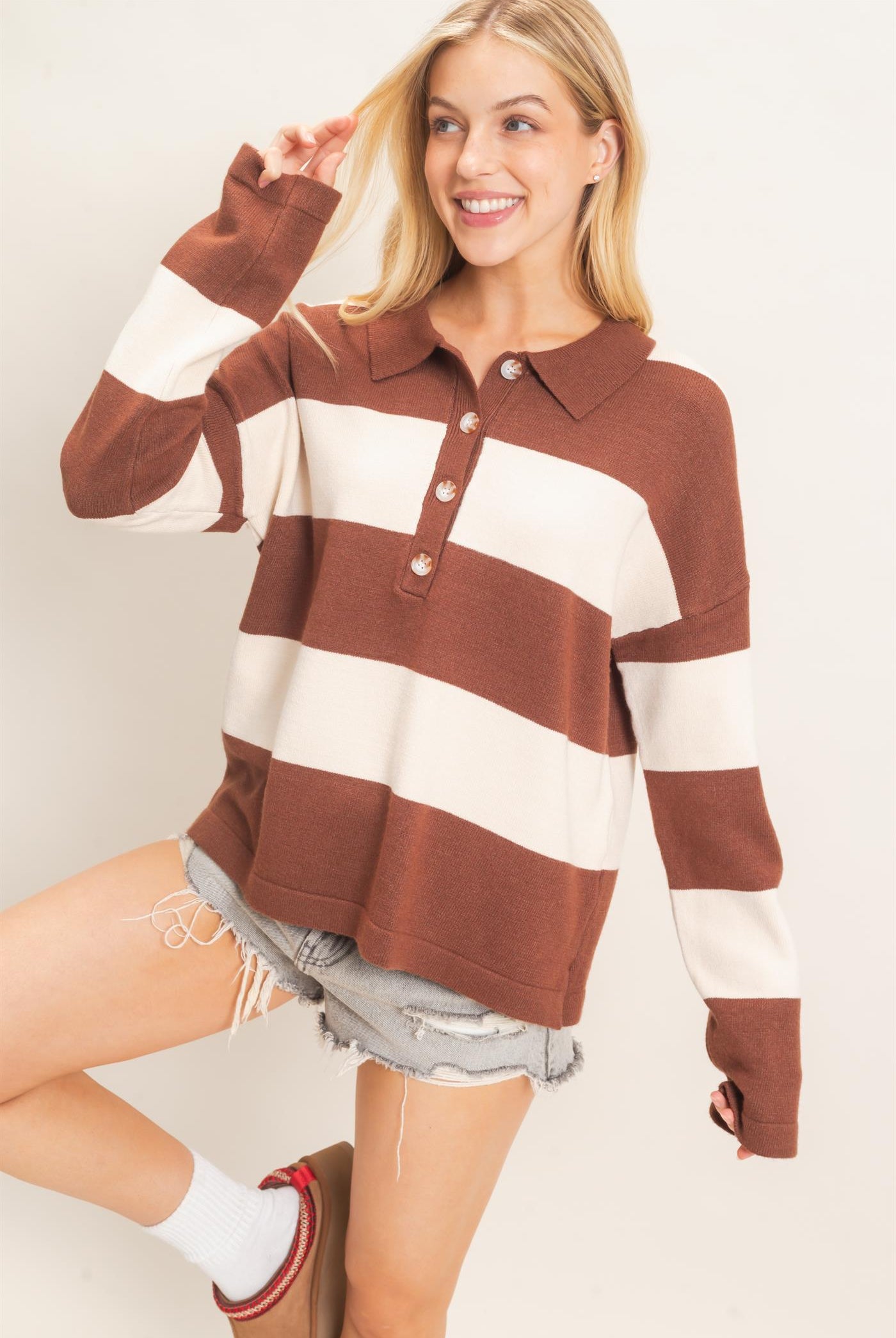 Wholesale Striped Button-Up Sweater Sweaters HF26F198 BROWN HYFVE