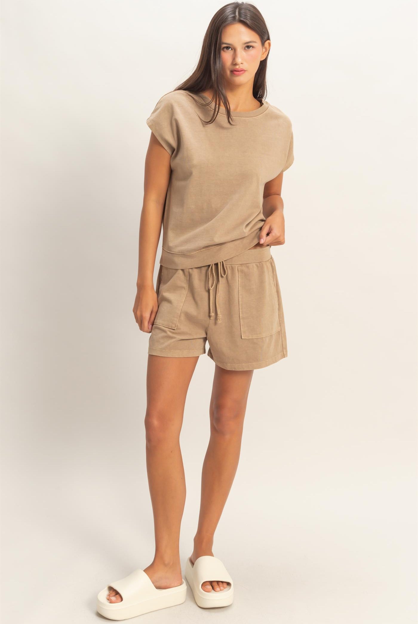 Wholesale Sleeveless Crew Neck Top and Shorts Set Clothing DZ26A028-SET MOCHA DOUBLE ZERO