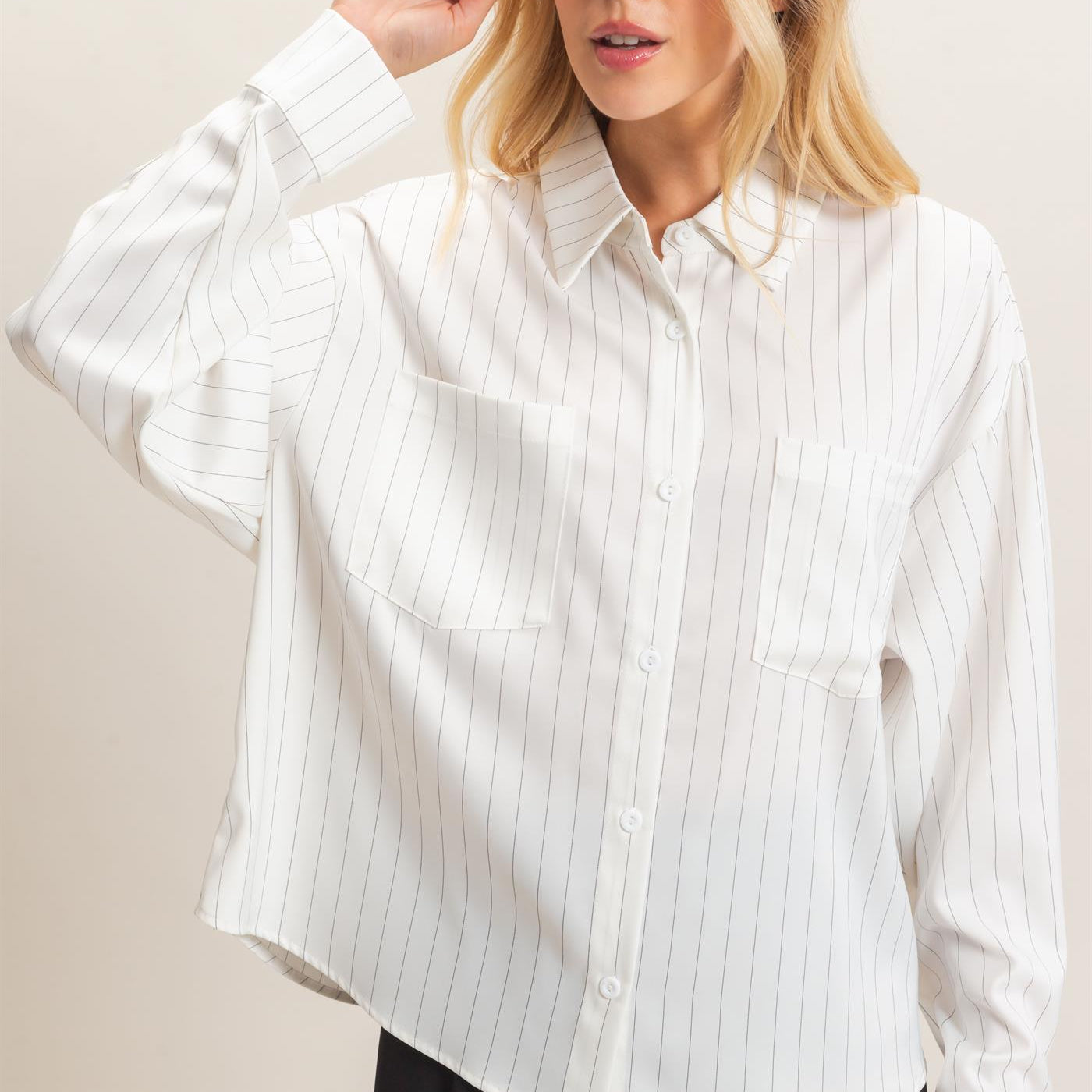 Wholesale Striped Button-Up Blouse Blouses HF26C953 WHITE HYFVE