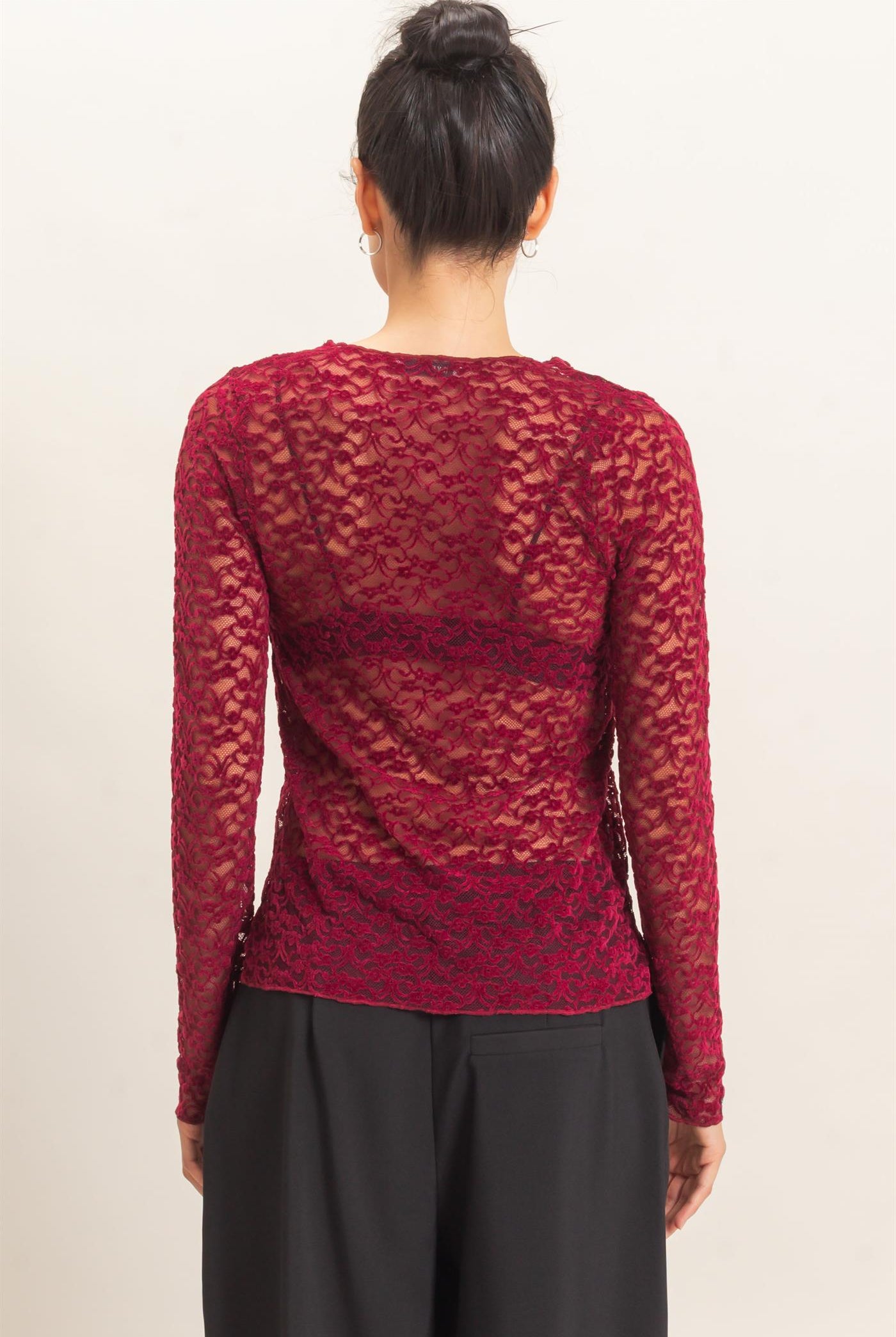 Wholesale Flocked Lace Long Sleeve Cardigan Clothing Tops HF26E415 BURGUNDY HYFVE