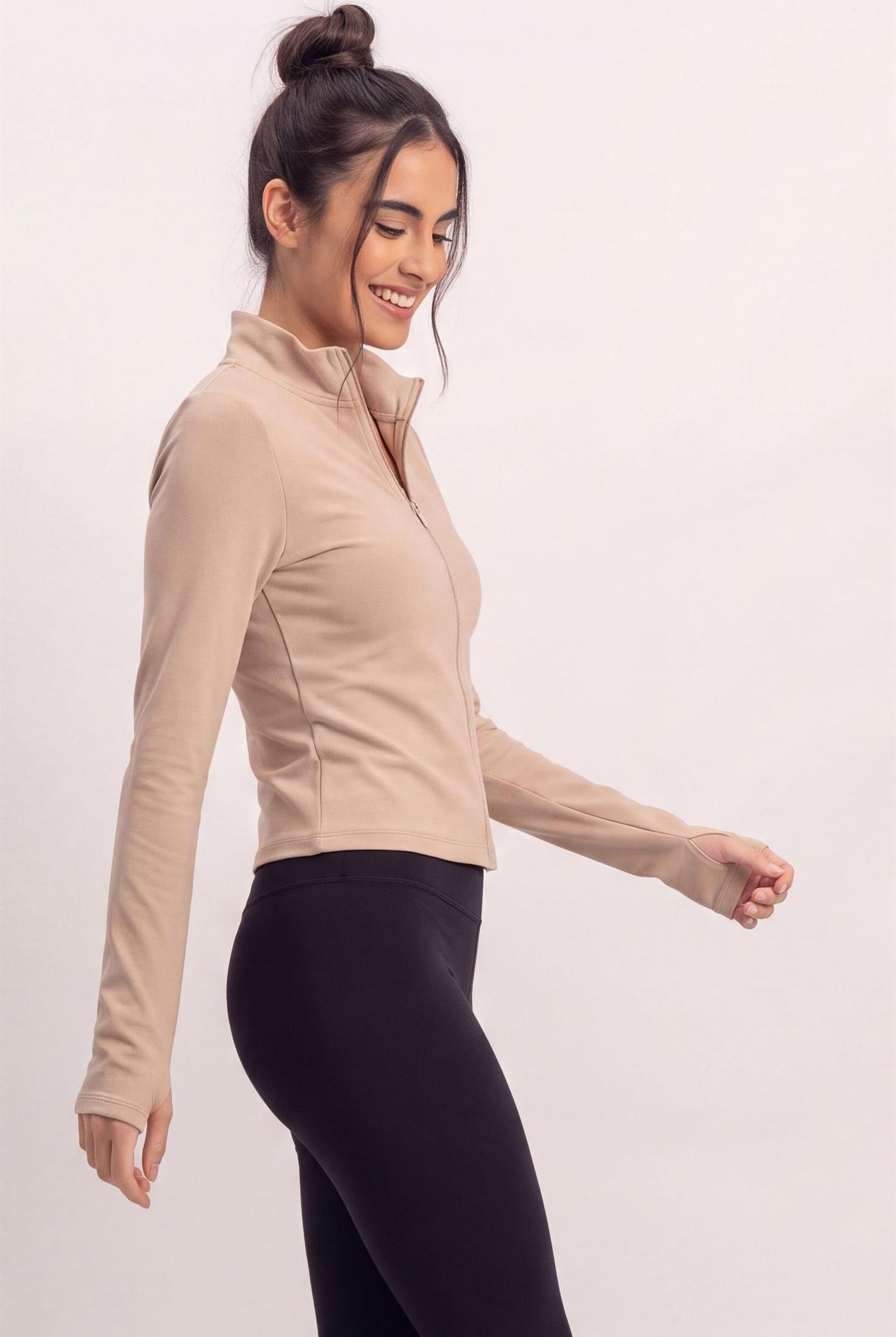 Wholesale Mock Neck Long Sleeve Zip Up Top Clothing Tops DZ26E911 TAUPE DOUBLE ZERO