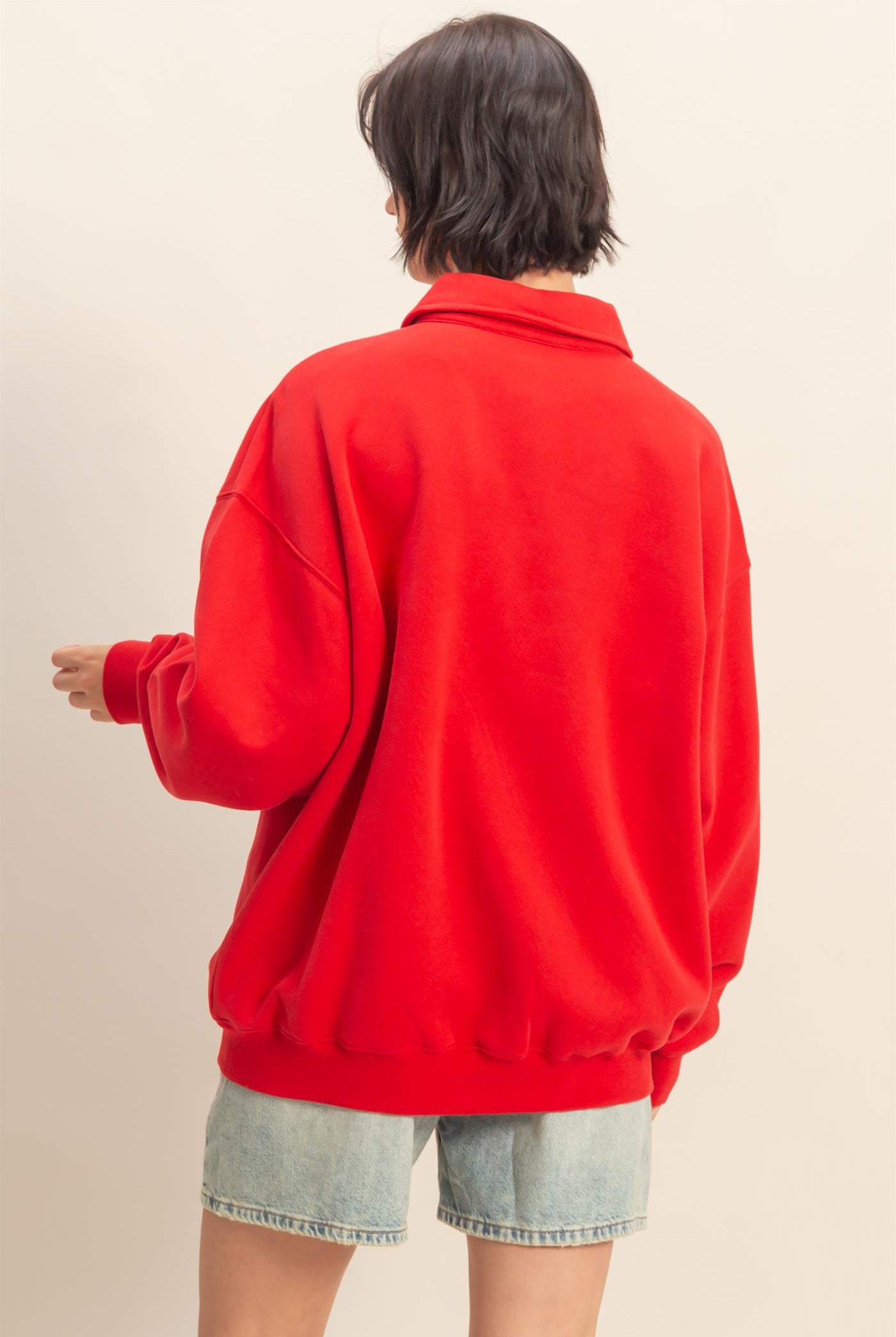 Wholesale Oversized Polo Collared Pullover Sweatshirts DZ25F074 RED DOUBLE ZERO