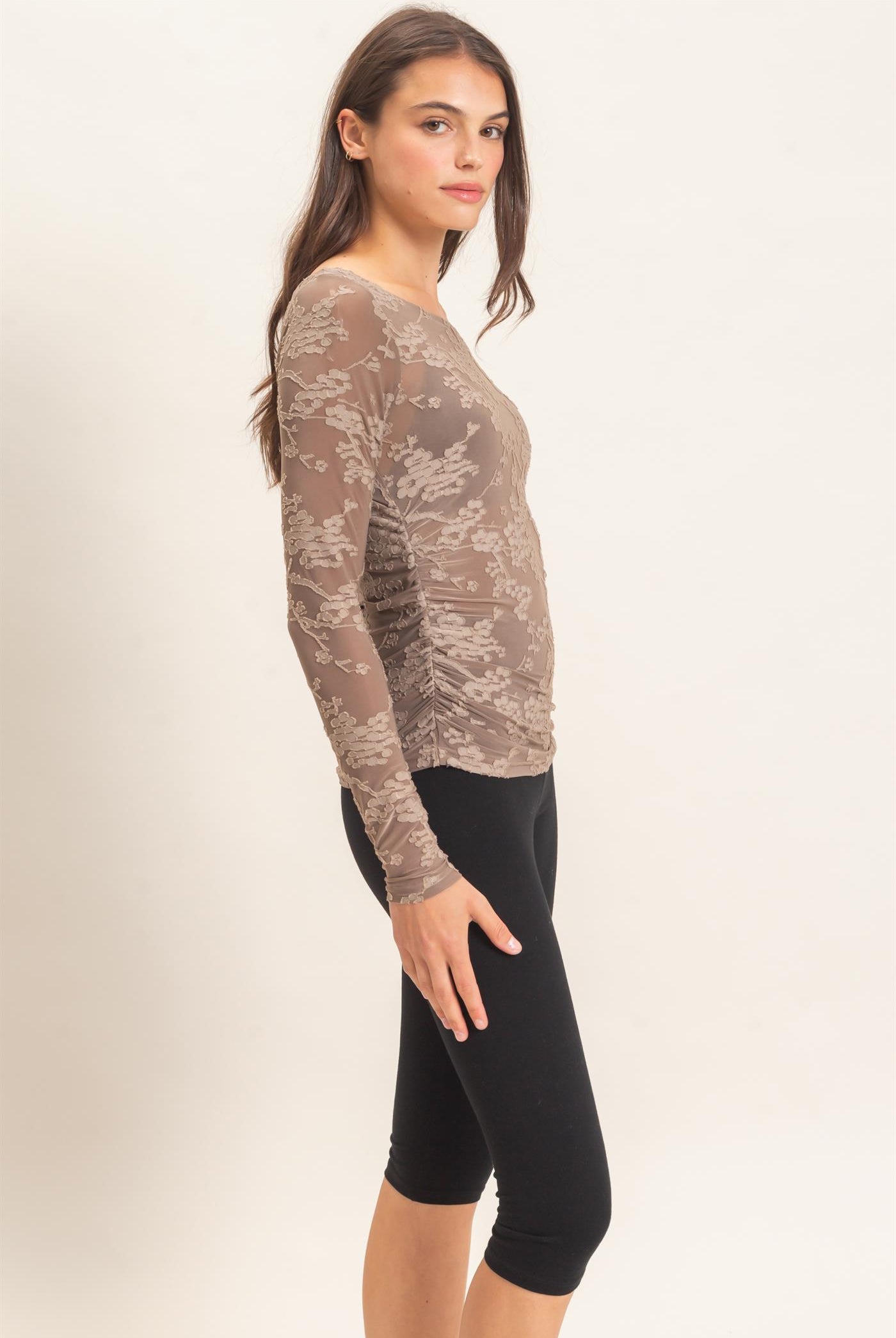 Wholesale Textured Mesh Off-Shoulder Top Blouses HF26F043 GRAY HYFVE