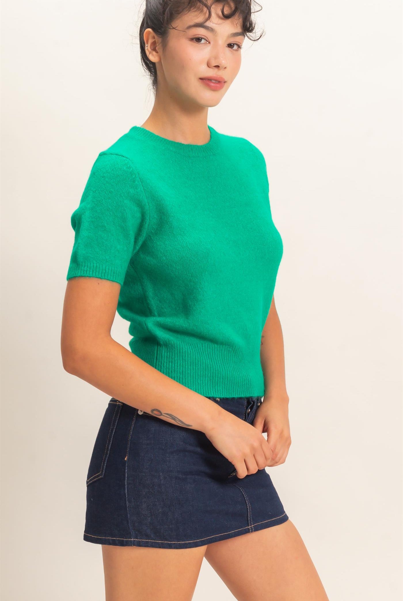 Wholesale Crew Neck Short Sleeve Knit Top Clothing Tops DZ26E944 EMERALD DOUBLE ZERO
