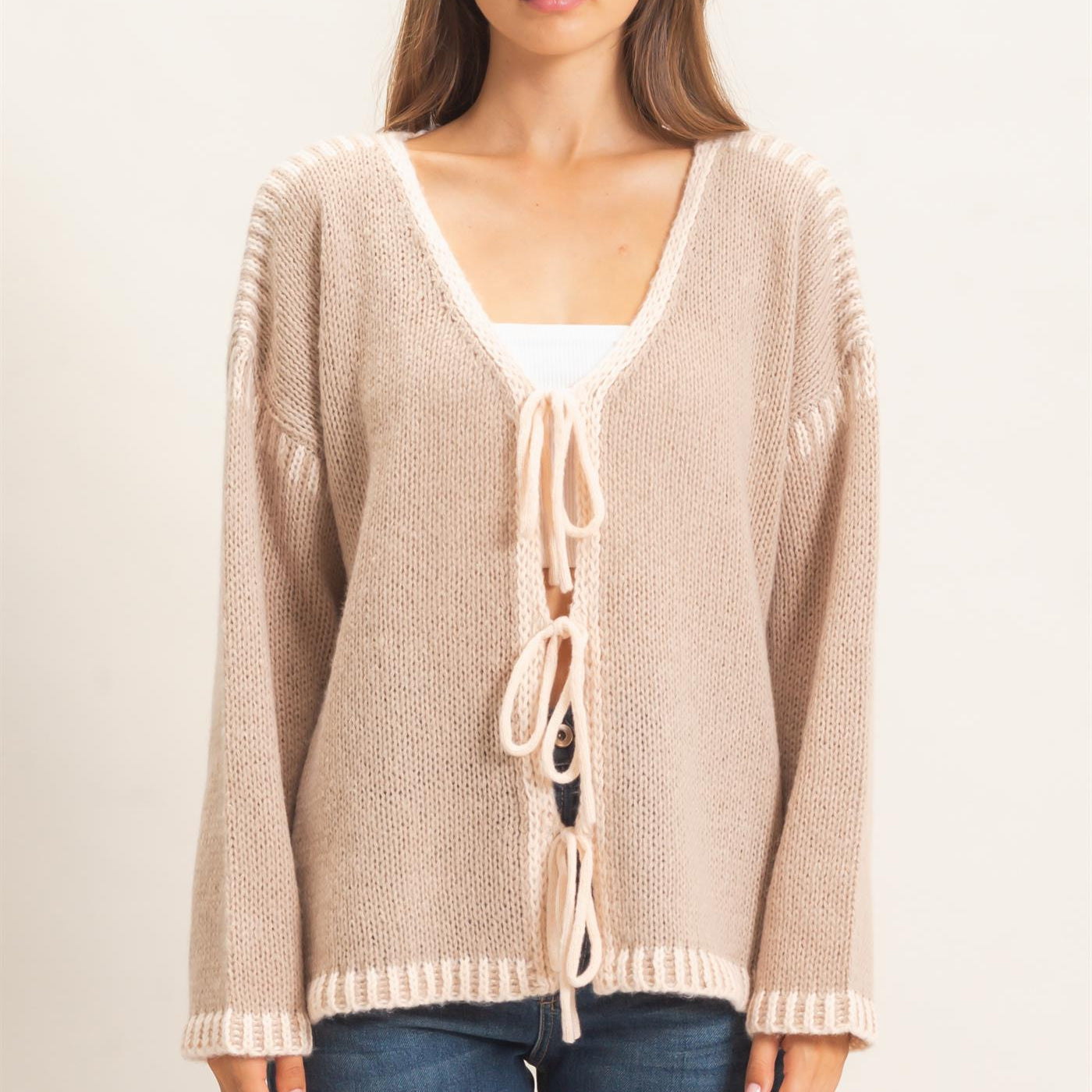 Wholesale Open Front Tie Cardigan Cardigans HF26F154 TAUPE HYFVE