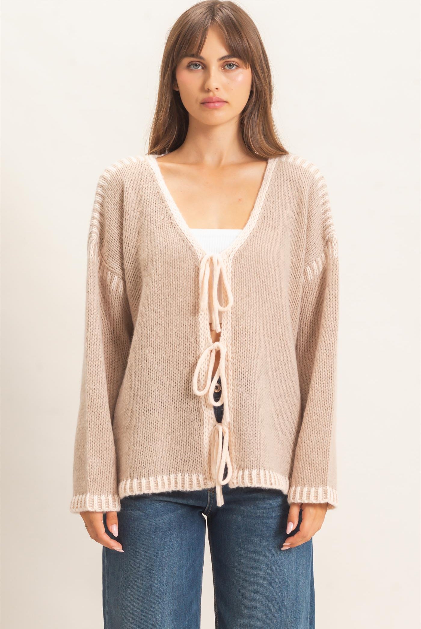 Wholesale Open Front Tie Cardigan Cardigans HF26F154 TAUPE HYFVE