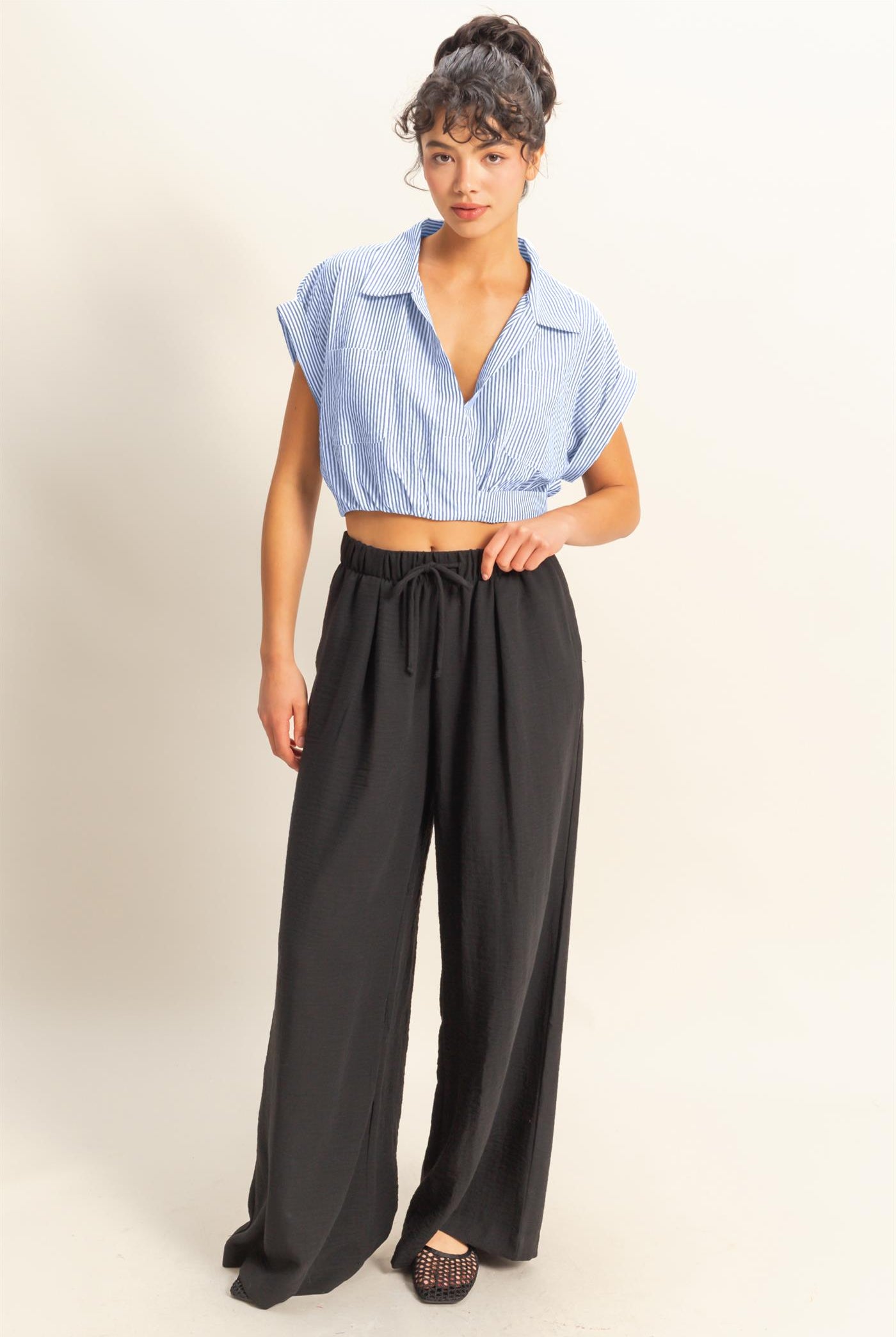 Wholesale Striped Short Sleeve Cropped Top Blouses DZ25C431 BLUE/WHITE DOUBLE ZERO