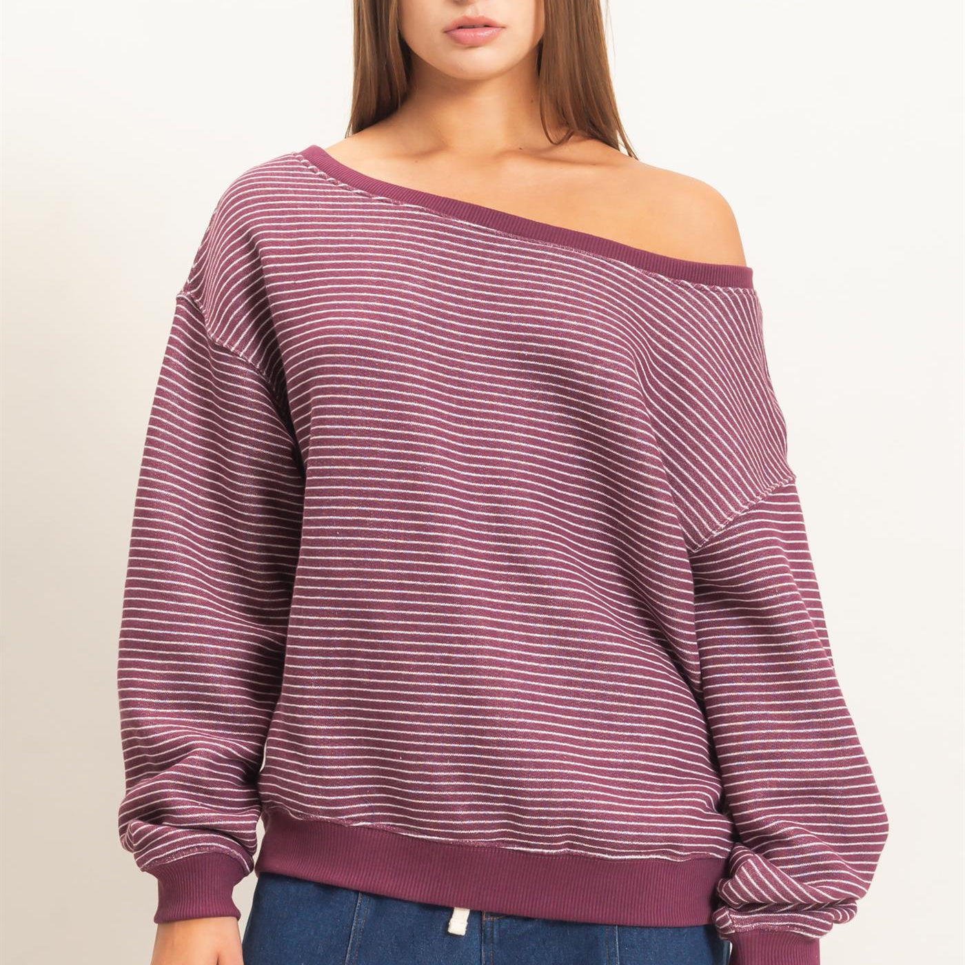 Wholesale Striped Off The Shoulder Sweatshirt Sweatshirts DZ26C881 DARK CHERRY DOUBLE ZERO
