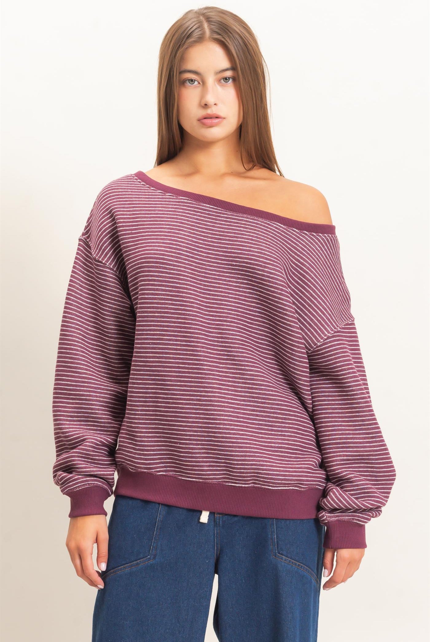 Wholesale Striped Off The Shoulder Sweatshirt Sweatshirts DZ26C881 DARK CHERRY DOUBLE ZERO