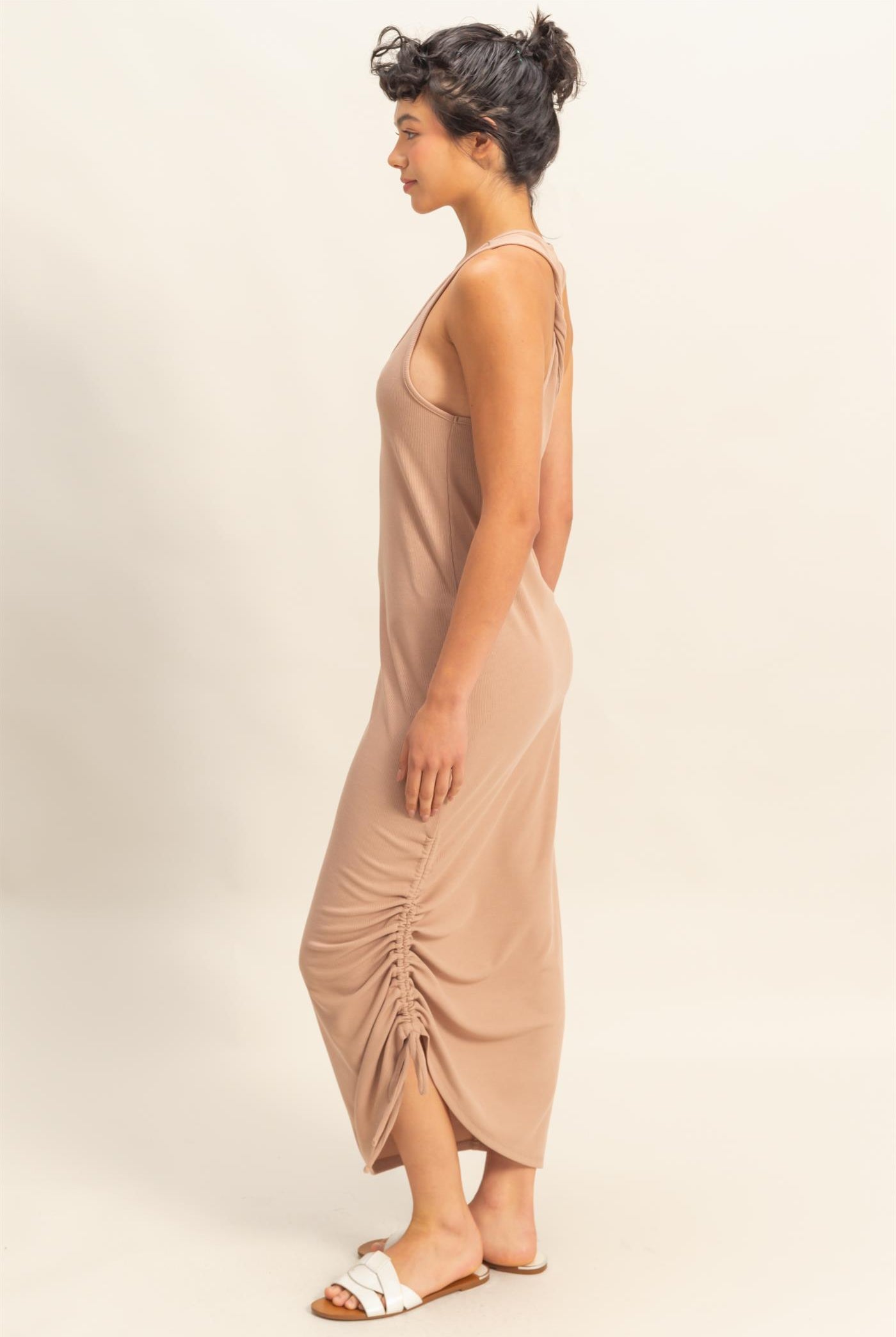 Wholesale Scoop Neck Side Tie Detail Midi Dress Dresses DZ25C152 DARK TAUPE DOUBLE ZERO