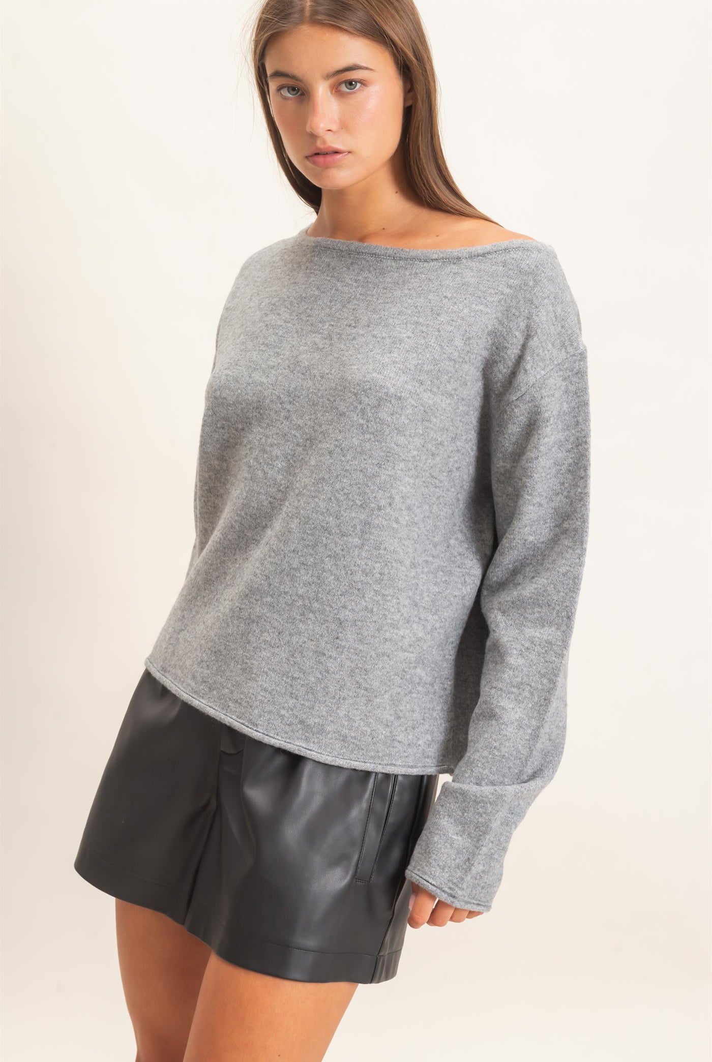 Wholesale Off The Shoulder Sweater Sweaters DZ26E652 HEATHER GRAY DOUBLE ZERO