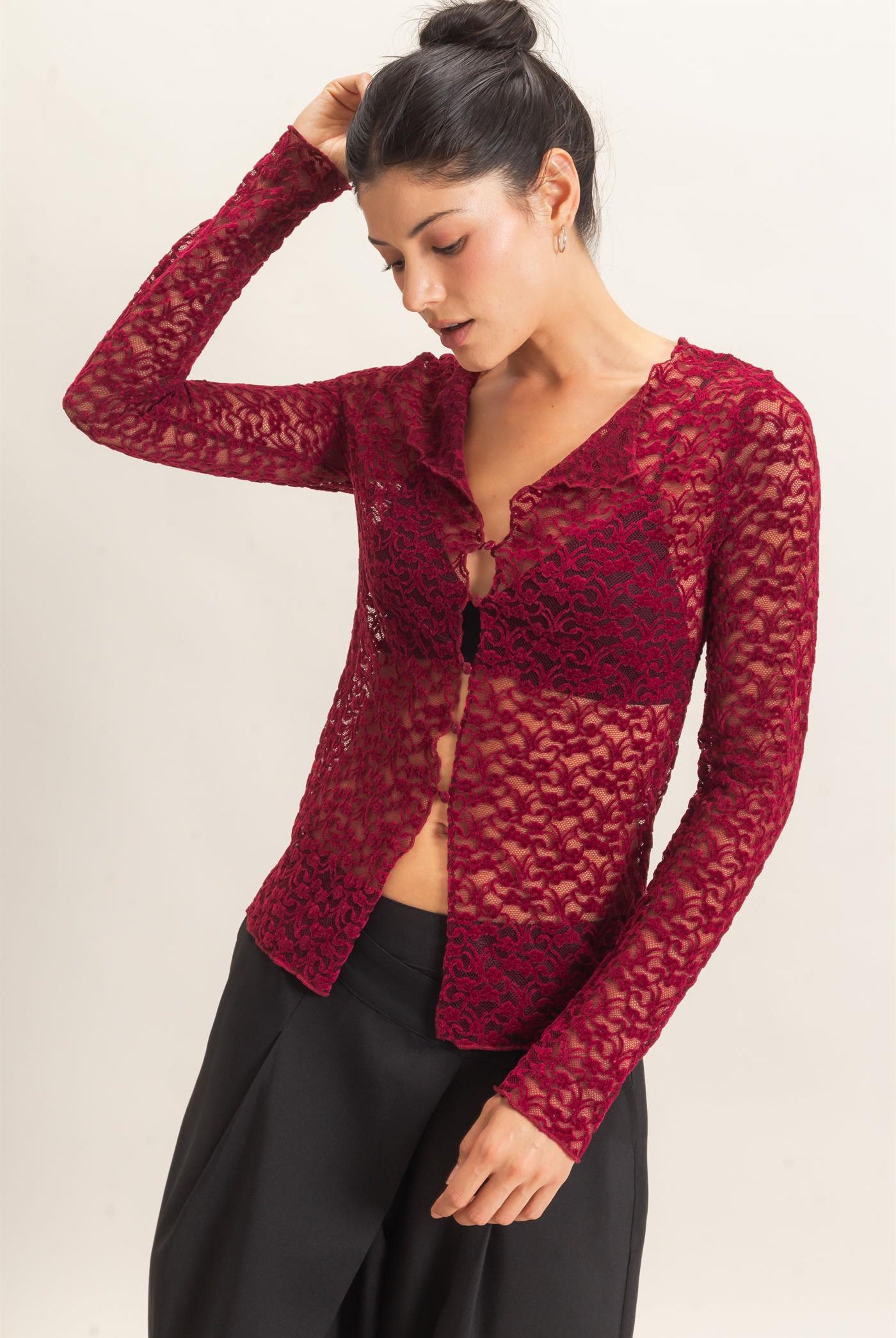 Wholesale Flocked Lace Long Sleeve Cardigan Clothing Tops HF26E415 BURGUNDY HYFVE