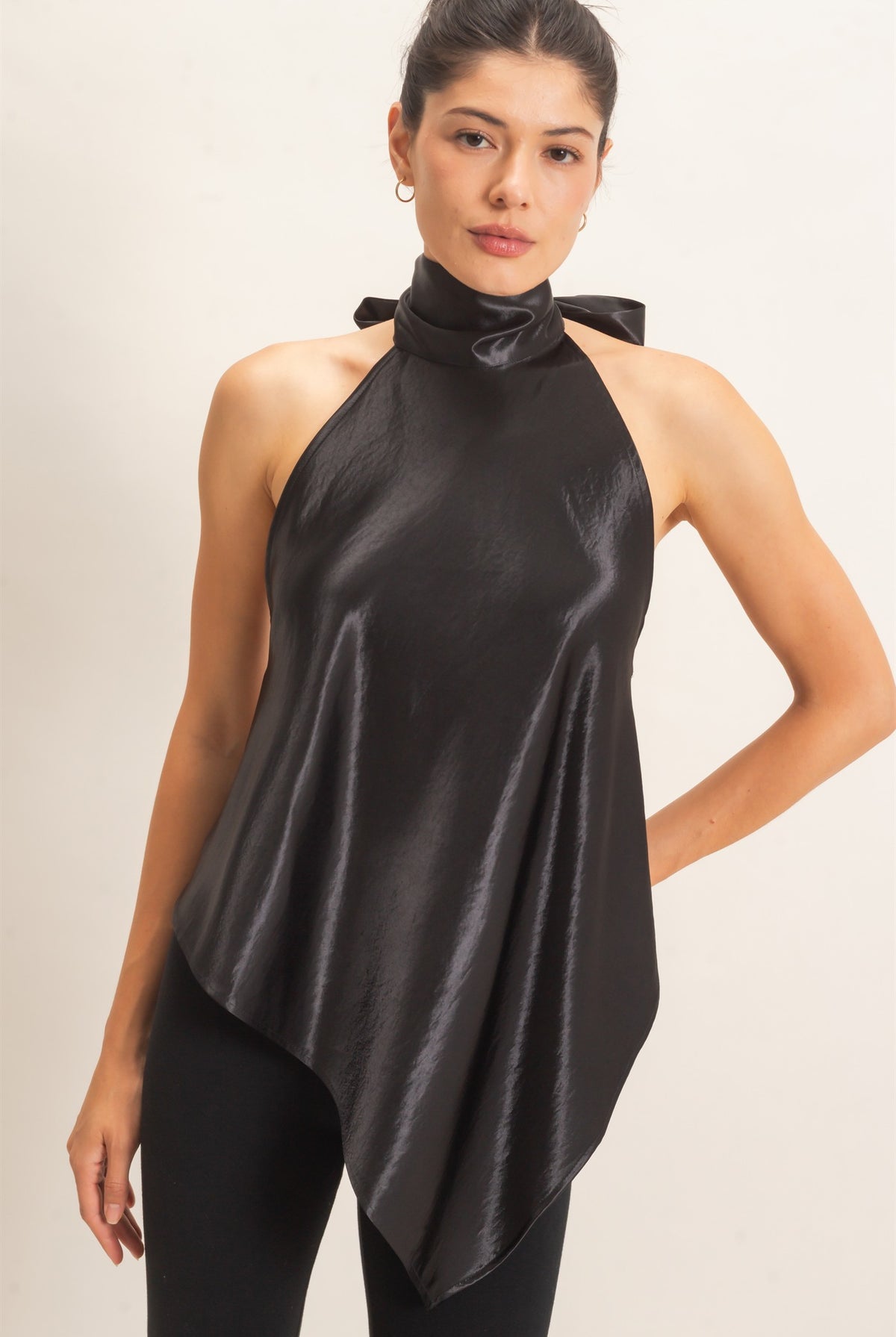 Wholesale Asymmetrical Satin Halter Top Blouses HF26F114 BLACK HYFVE