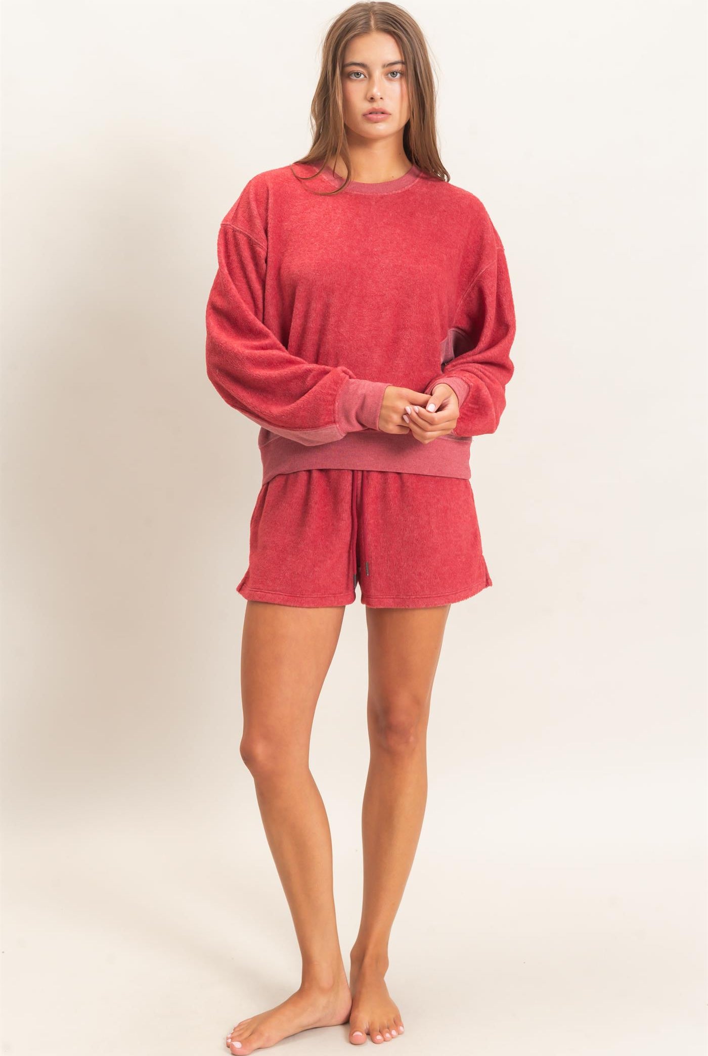Wholesale Contrast Sweatshirt & Shorts Set Clothing DZ25F478-SET DARK RED DOUBLE ZERO