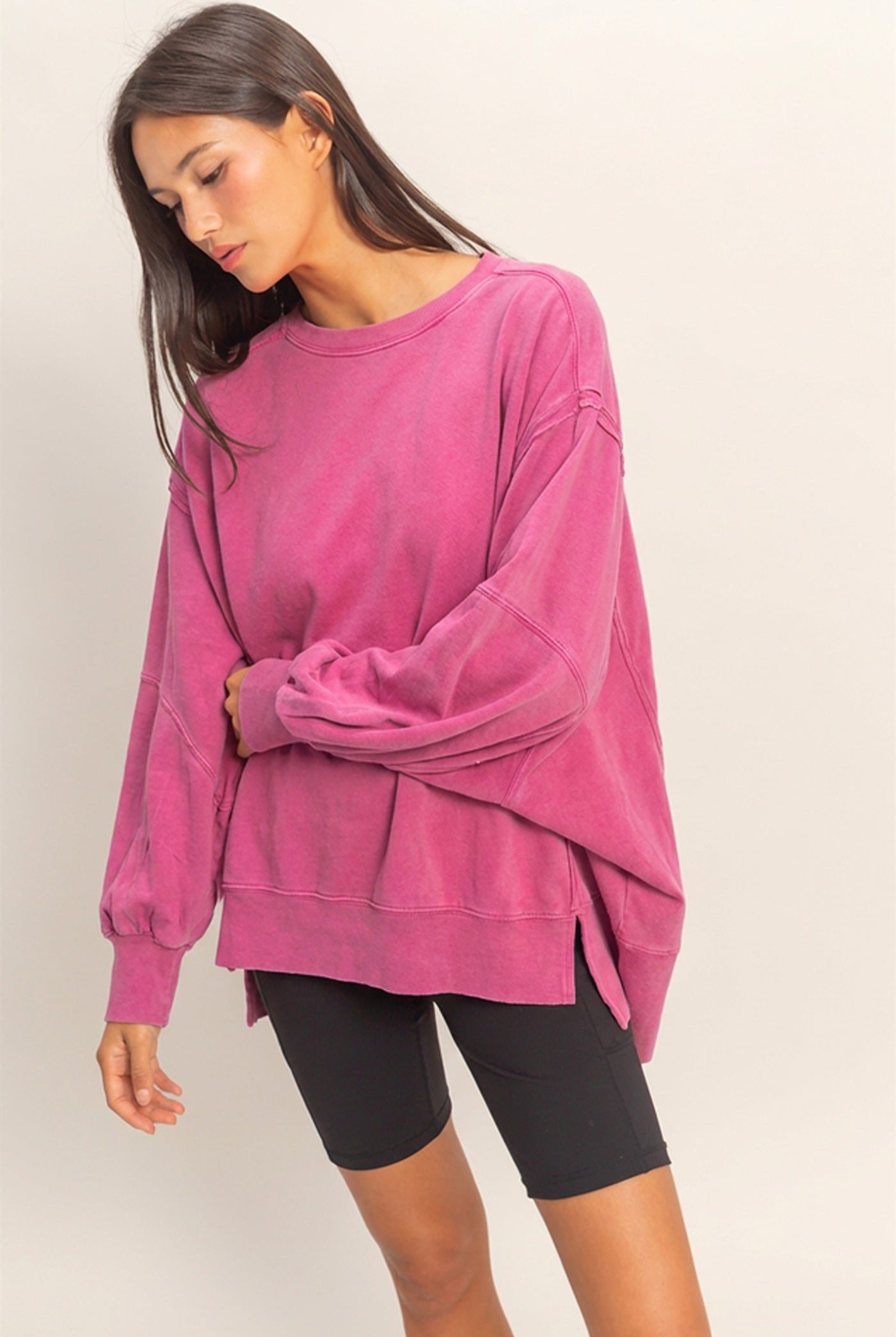 Wholesale Oversized Seam Detail Long Sleeve Top Sweatshirts DZ26C774 FUCHSIA DOUBLE ZERO
