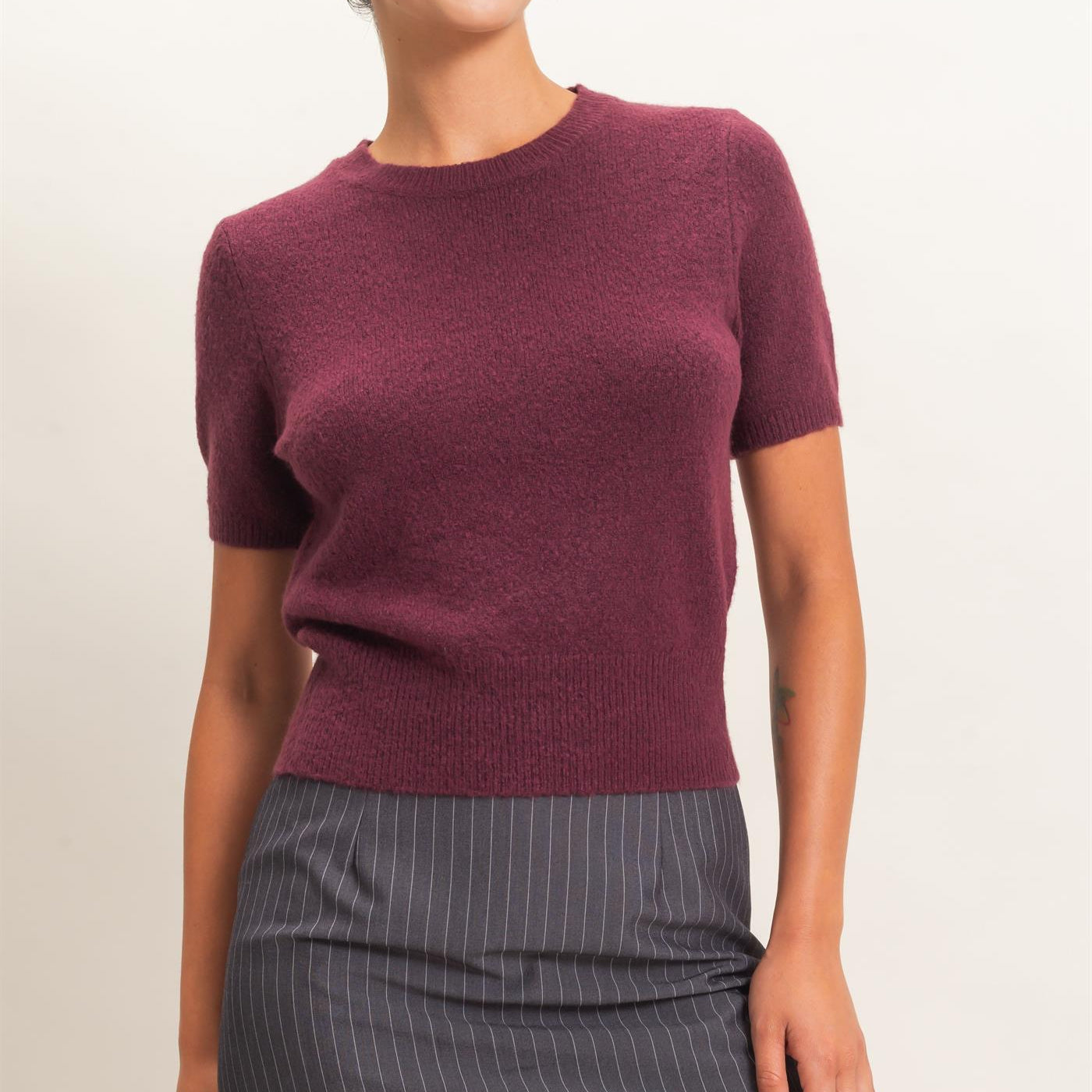 Wholesale Crew Neck Short Sleeve Knit Top Clothing Tops DZ26E944 DARK CHERRY DOUBLE ZERO