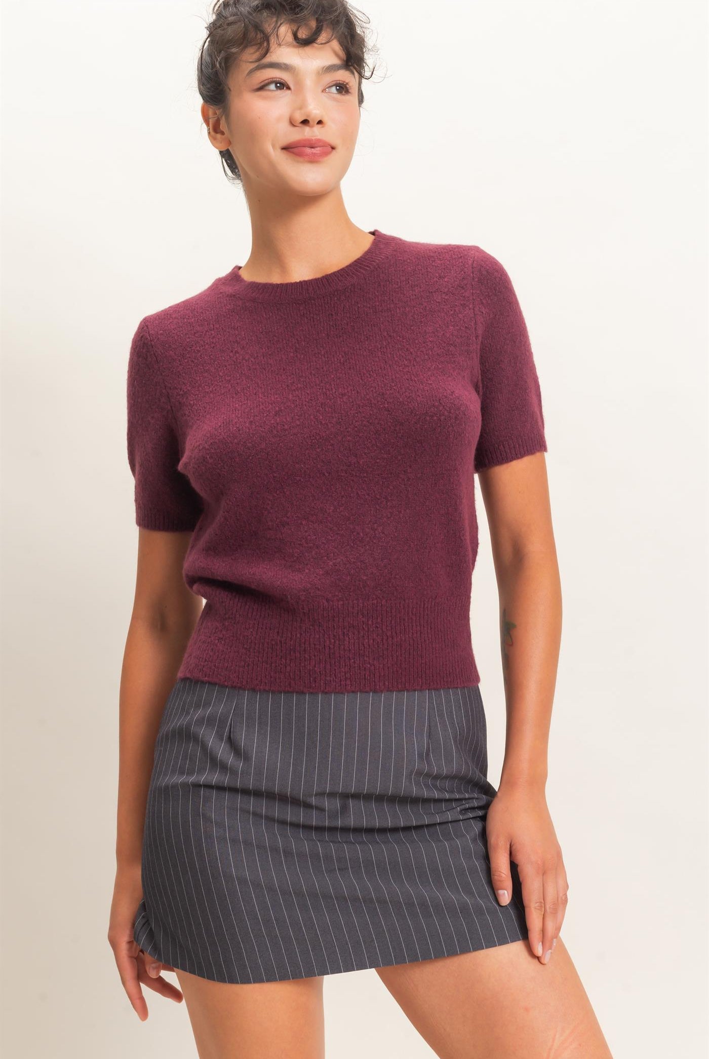 Wholesale Crew Neck Short Sleeve Knit Top Clothing Tops DZ26E944 DARK CHERRY DOUBLE ZERO