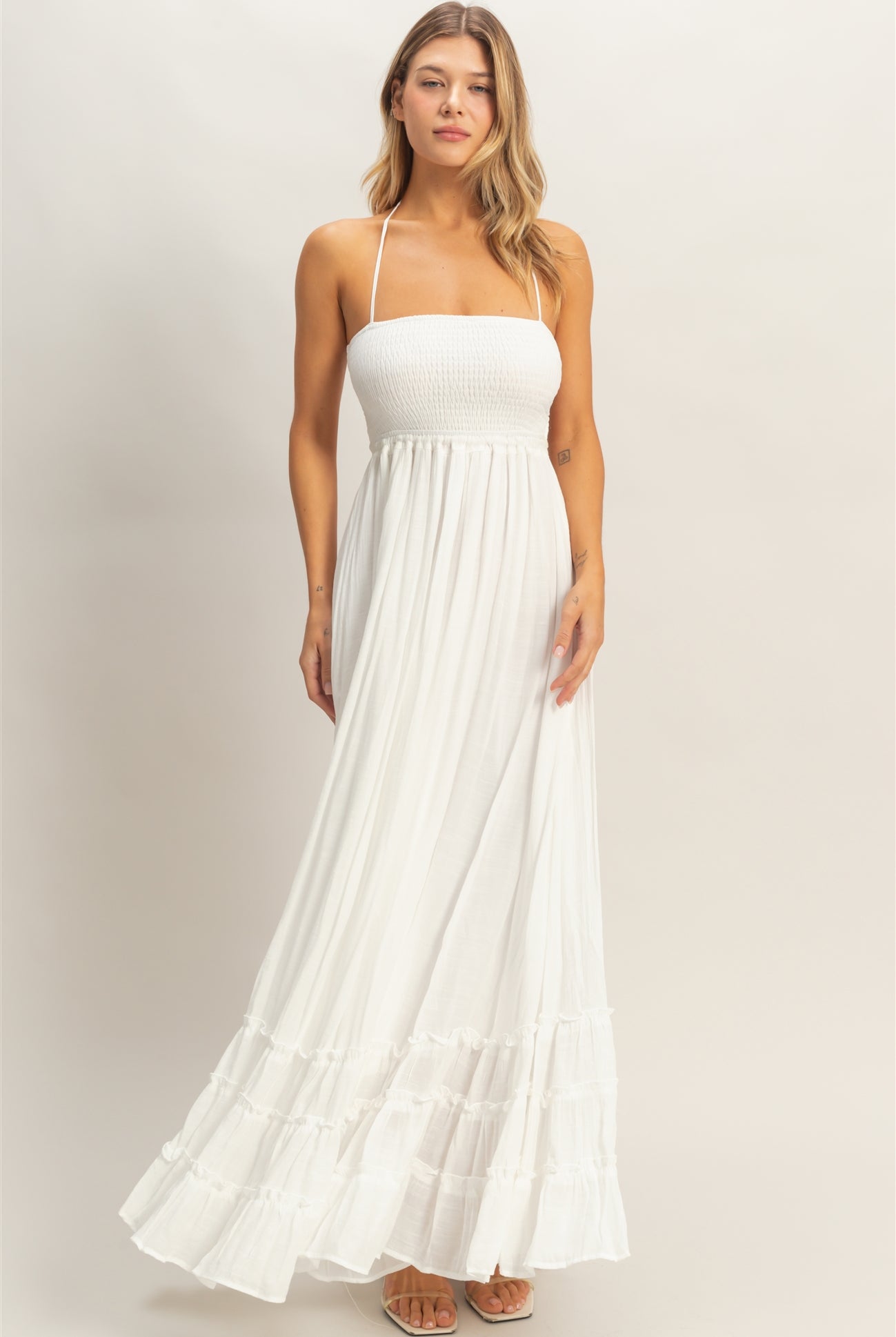 Wholesale Smocked Halter Maxi Dress Dresses HF26C290-D WHITE HYFVE