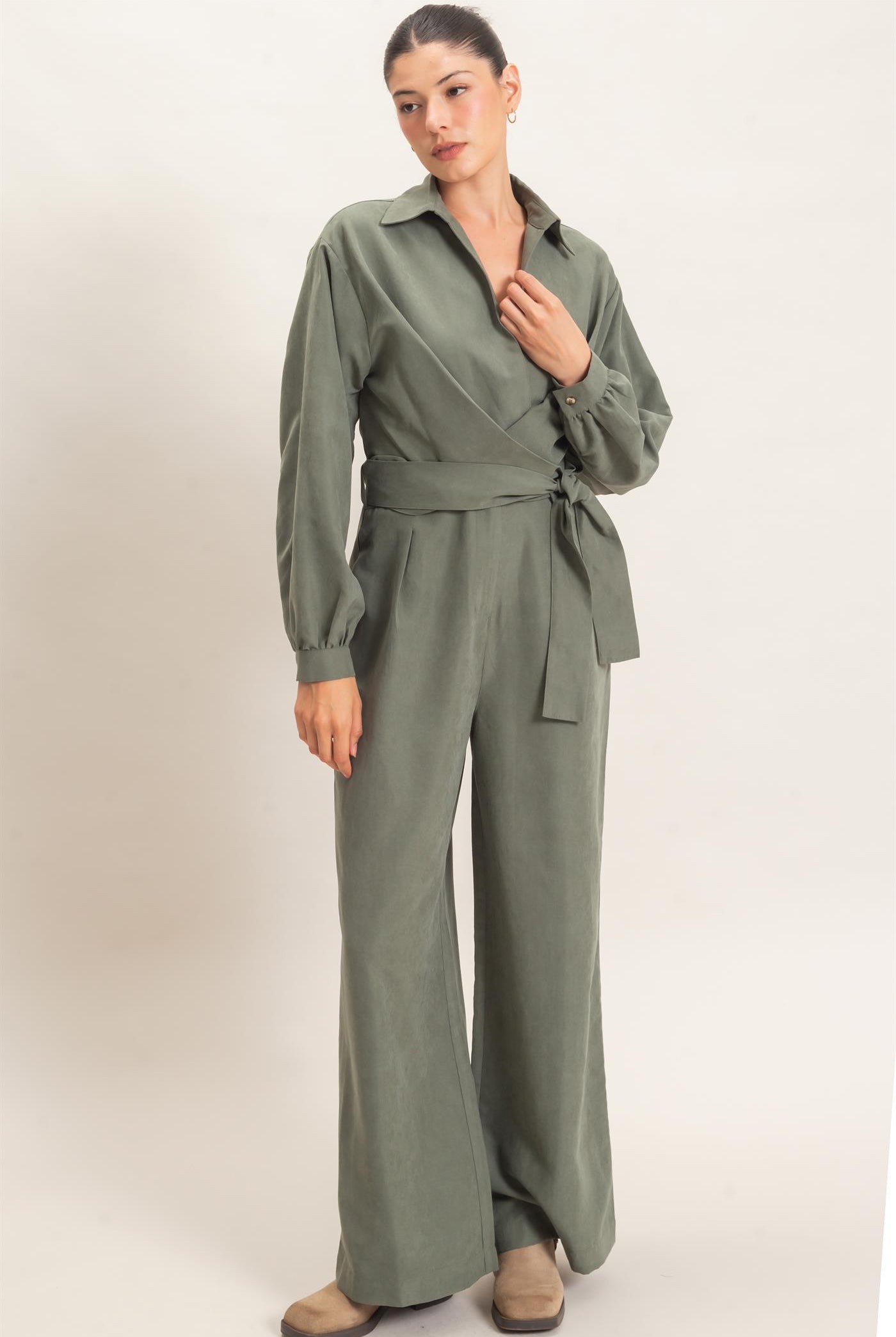 Wholesale Collared Wrap Suede Jumpsuit Clothing HF26C905 FOREST GREEN HYFVE