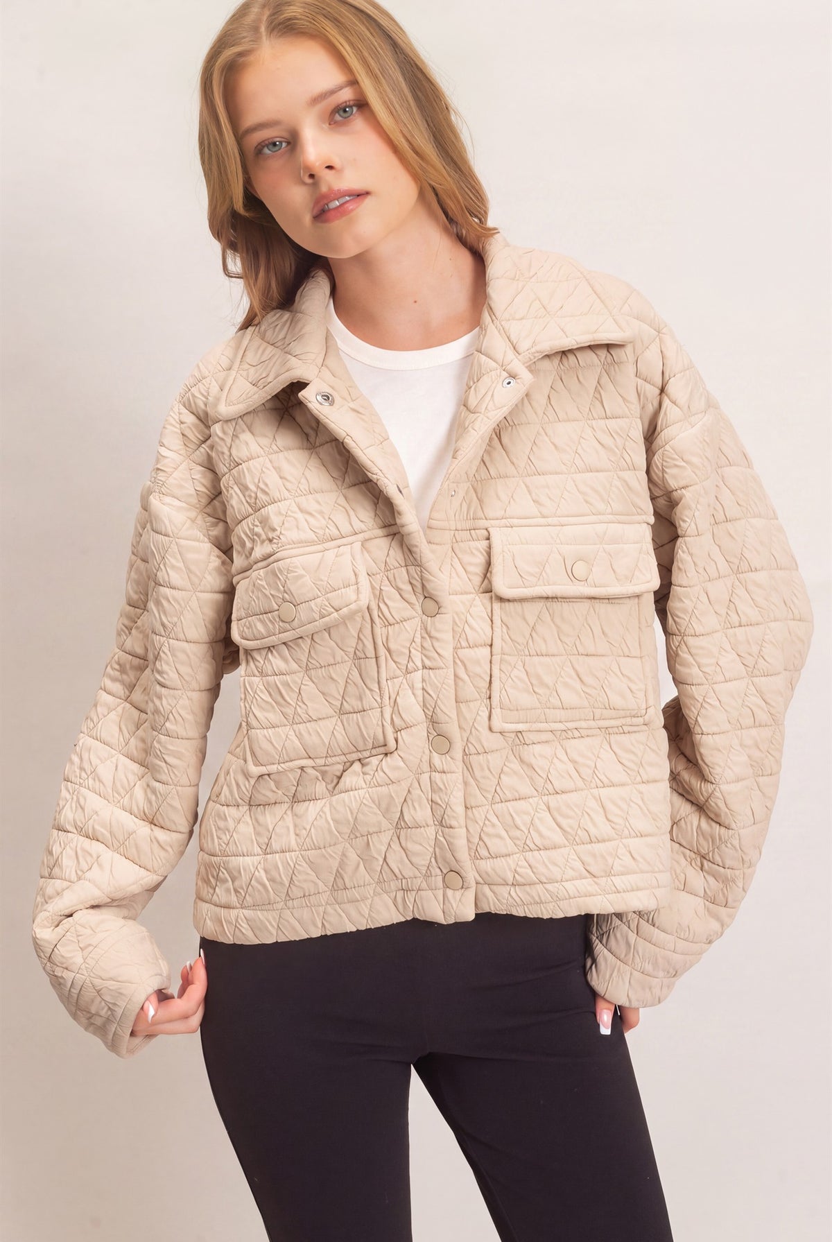 Wholesale Triangle Quilted Button-Up Jacket Coats & Jackets HF26F145 ALMOND MILK DOUBLE ZERO