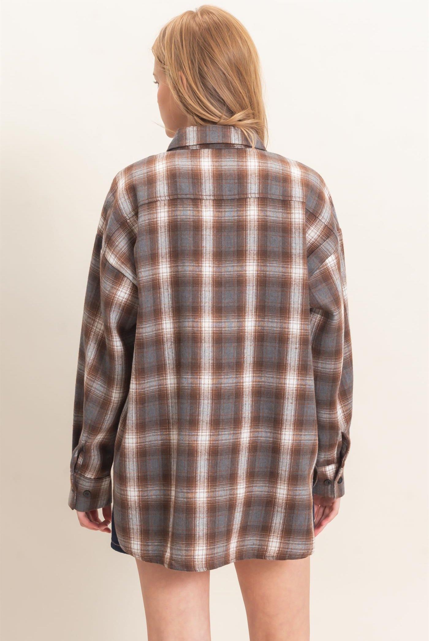 Wholesale Plaid Button-Up Shirt Clothing Tops HF26F017 BROWN HYFVE