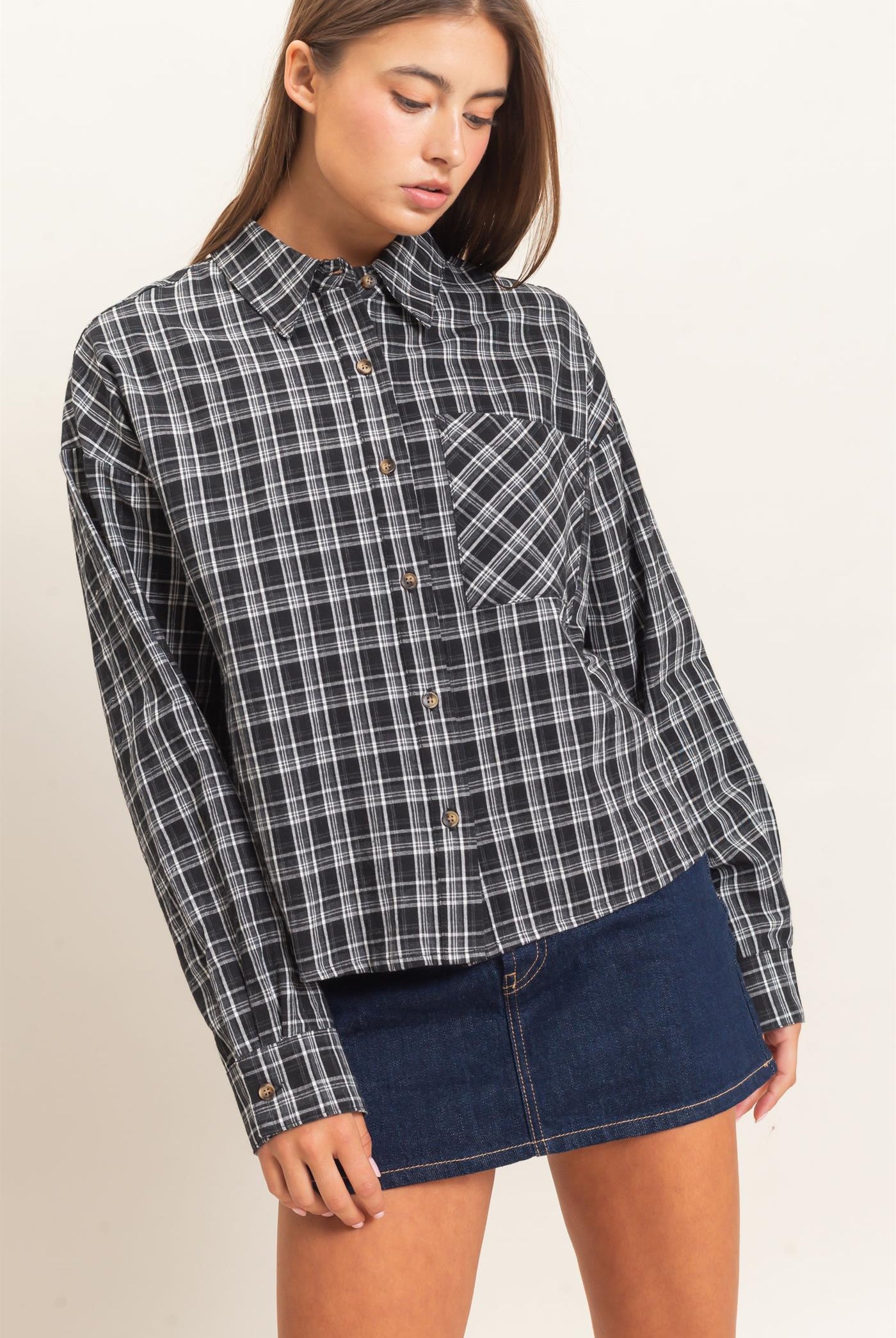 Wholesale Plaid Button-Up Shirt Clothing Tops DZ26E395 BLACK DOUBLE ZERO