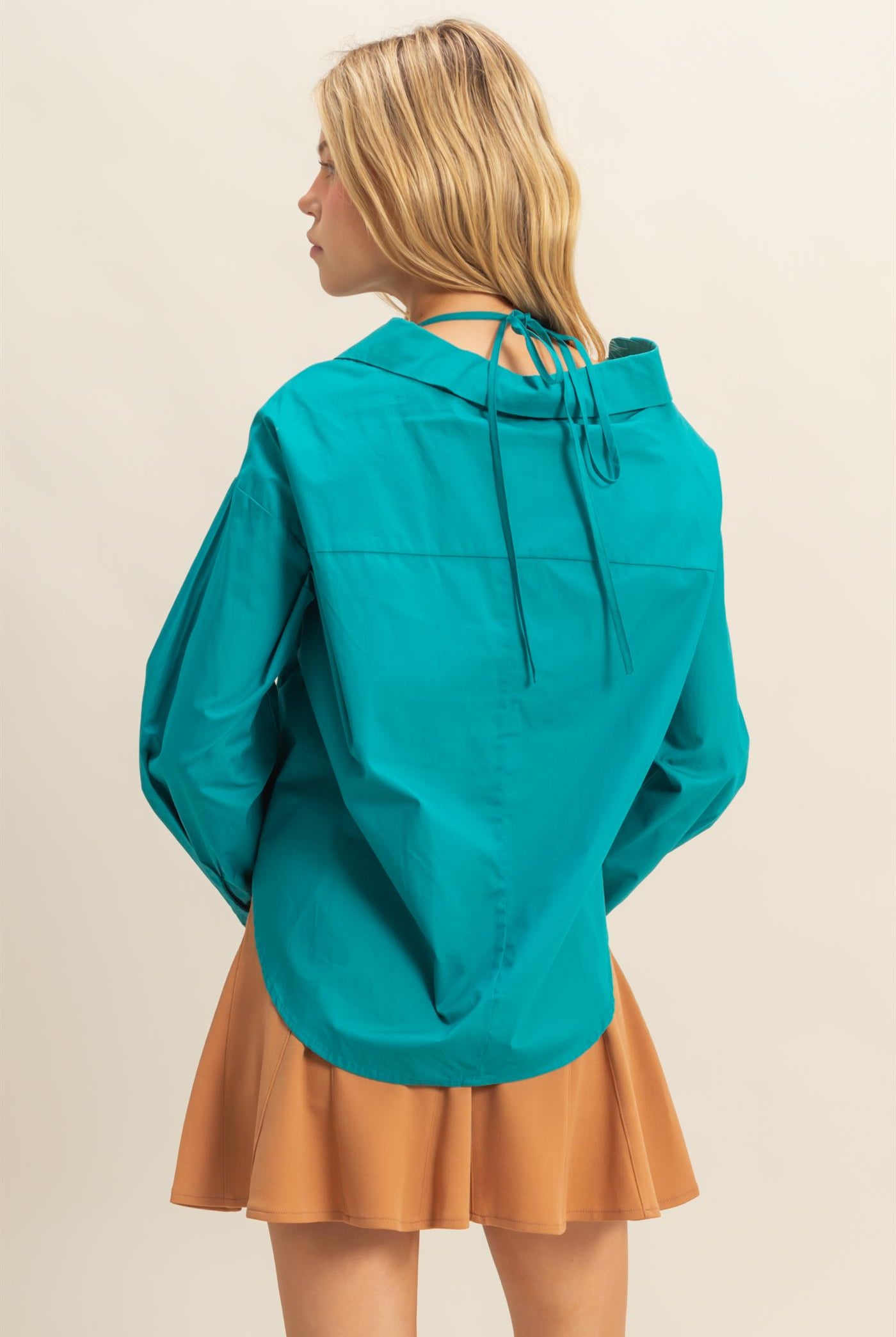 Wholesale Off-The-Shoulder Asymmetrcal Button-Up Shirt Clothing Tops HF22G139 TEAL HYFVE