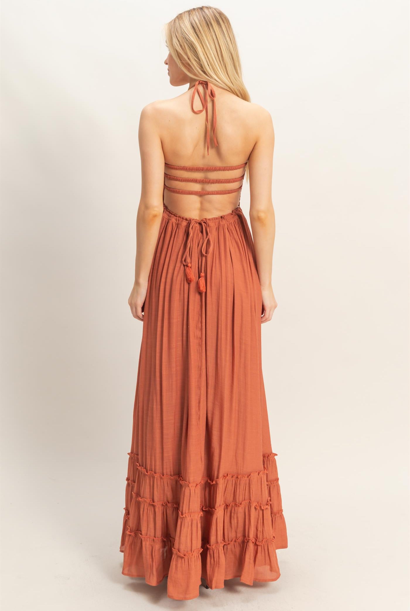 Wholesale Smocked Halter Maxi Dress Dresses HF26C290-D RUST HYFVE
