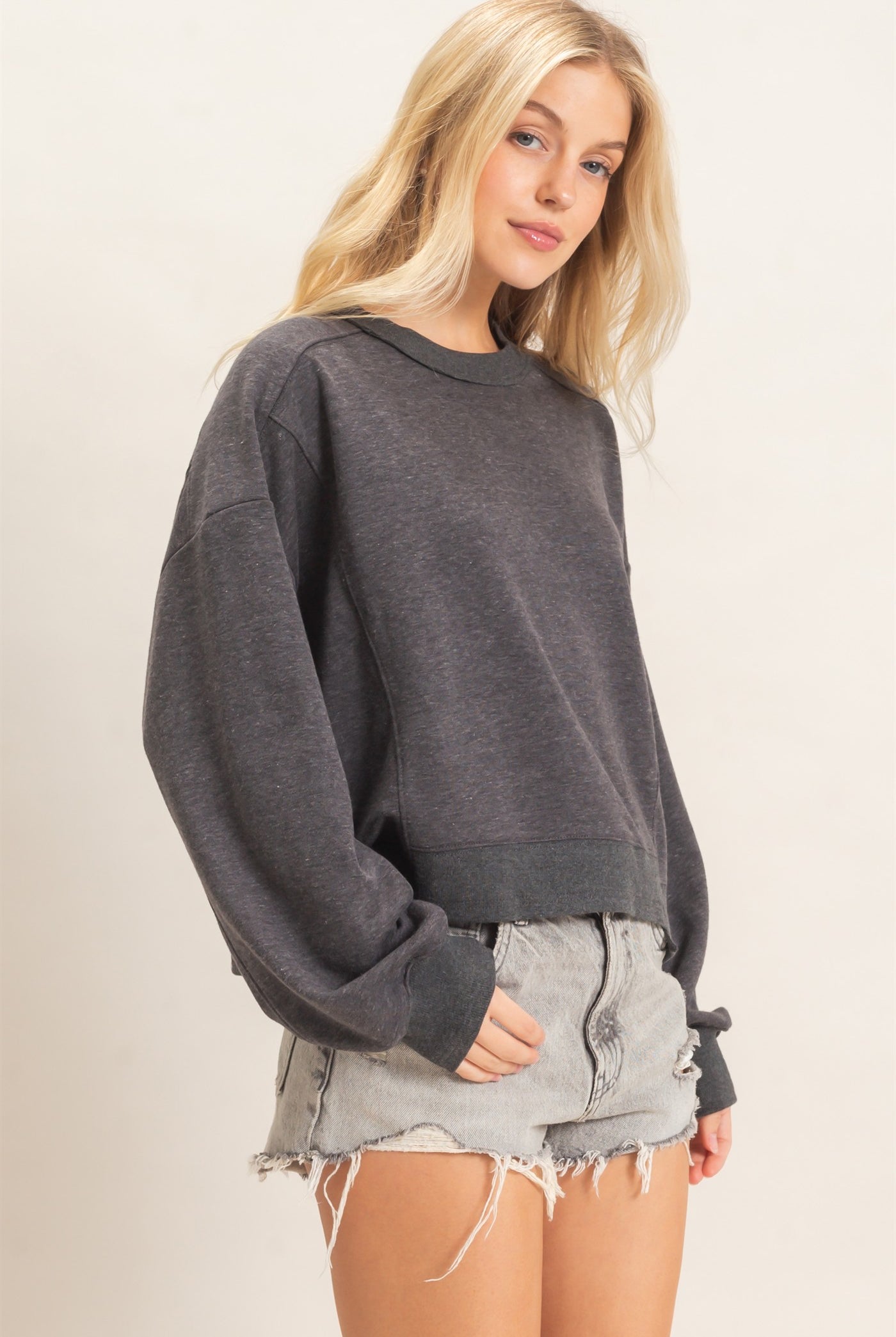 Wholesale Ribbed Crew Neck Sweatshirt Sweatshirts HF26F087 CHARCOAL HYFVE