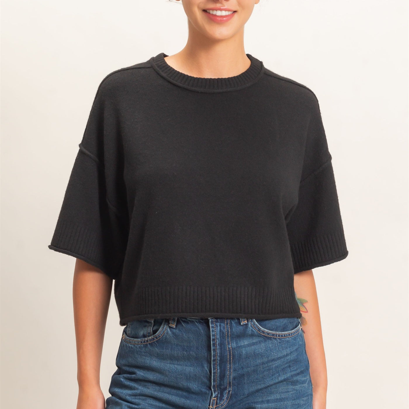 Wholesale Seam Detail Short Sleeve Knit Top Clothing Tops DZ26A827 BLACK DOUBLE ZERO