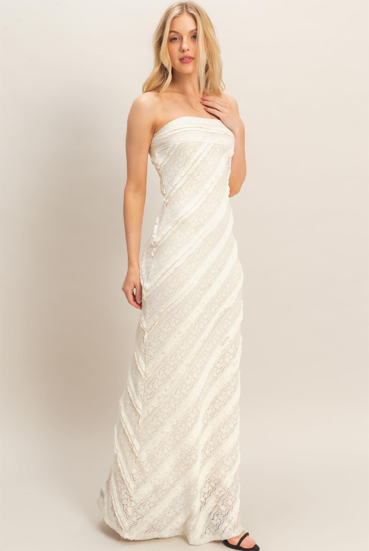 Wholesale Strapless Ruched Maxi Dress Dresses HF26A105 CREAM HYFVE