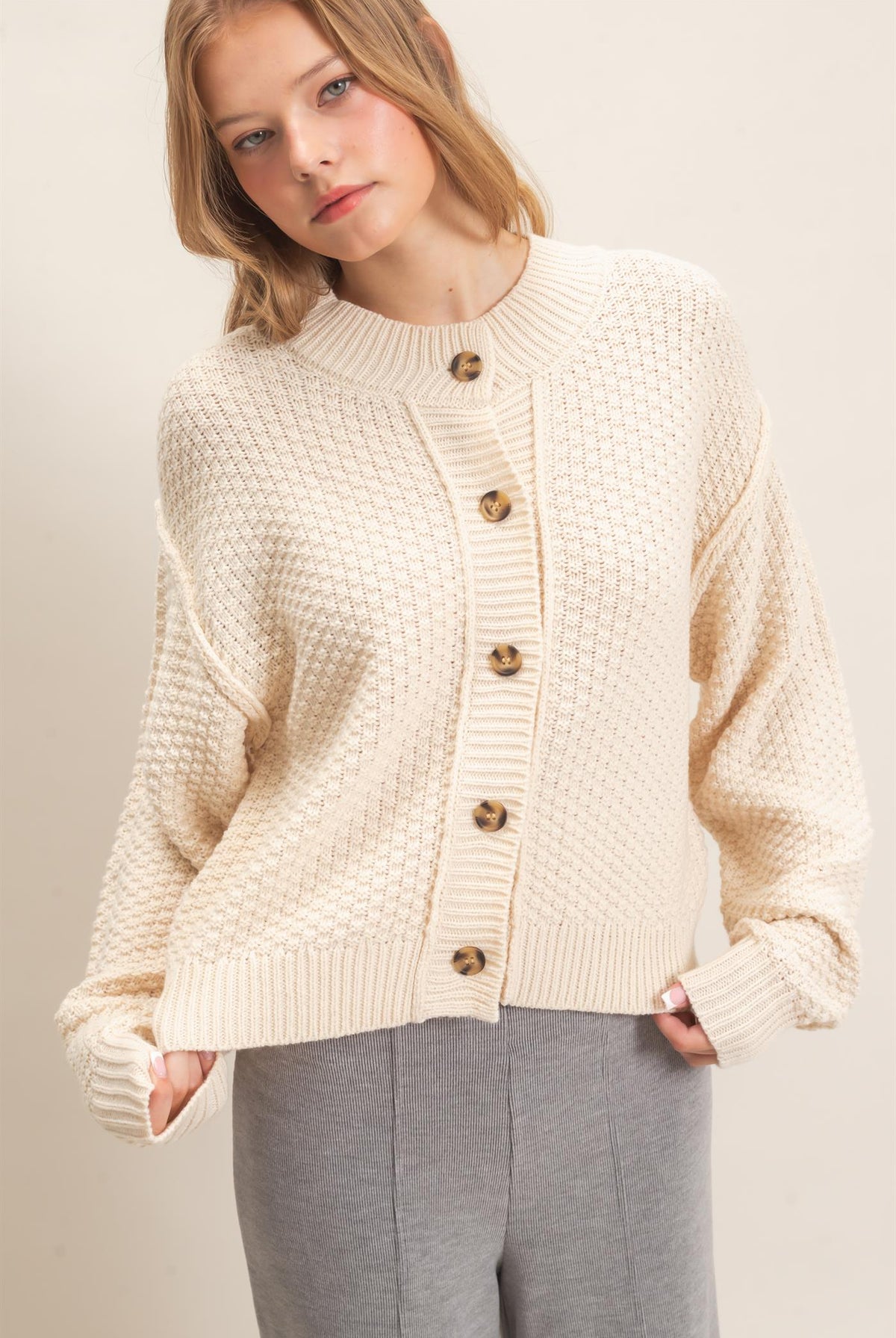 Wholesale Textured Knit Button-Front Cardigan Cardigans HF26C409 IVORY HYFVE