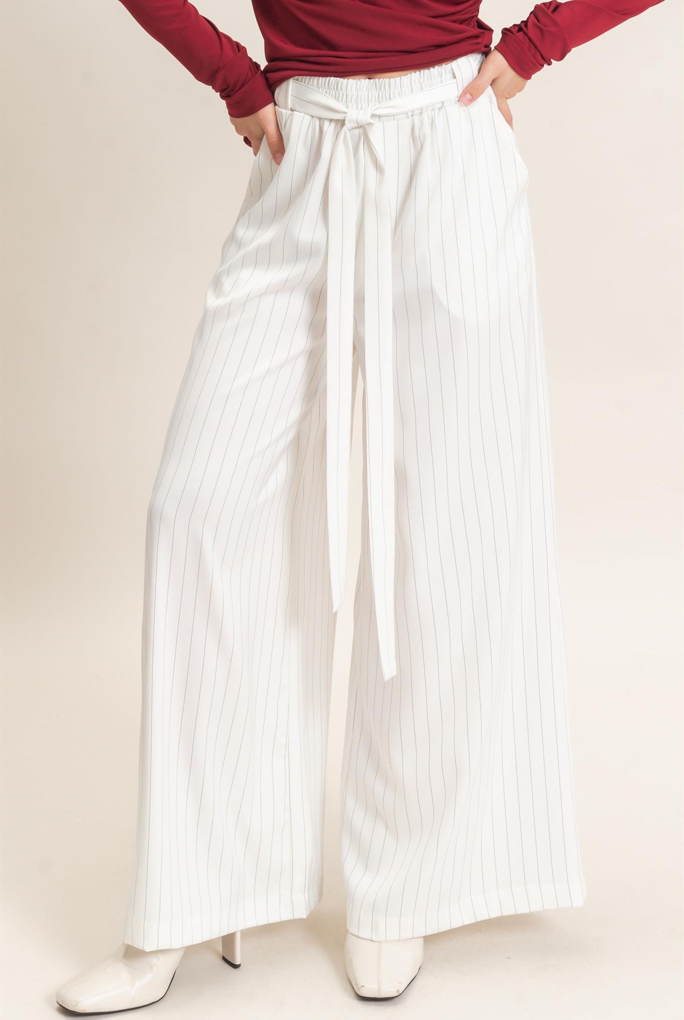 Wholesale Pinstripe Wide-Leg Pants Pants HF25F030 WHITE HYFVE